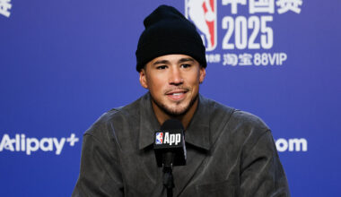 Devin Booker of Phoenix Suns attends the post-match press conference after NBA China Games 2025 bet...