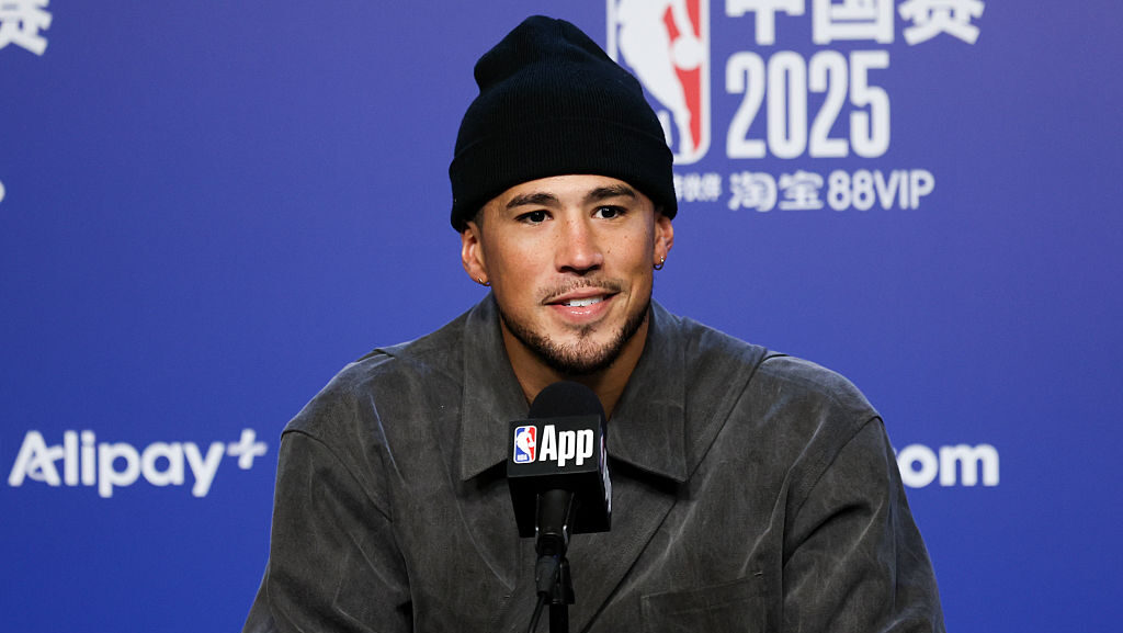 Devin Booker of Phoenix Suns attends the post-match press conference after NBA China Games 2025 bet...