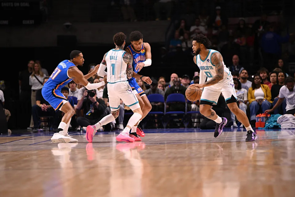 Oct 5, 2025; North Charleston, South Carolina, USA; Charlotte Hornets forward Miles Bridges (0) drives the key against the Oklahoma City Thunder in the first quarter at North Charleston Coliseum. Mandatory Credit: Arthur Ellis-Imagn Images