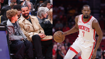 Drake pulls up courtside and shares a moment with Kevin Durant during the Toronto Raptors vs Houston Rockets match