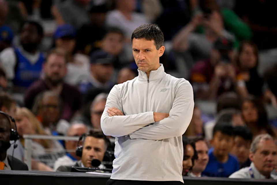Oct 6, 2025; Fort Worth, Texas, USA; Oklahoma City Thunder Head Coach Mark Daigneault looks on during the first quarter against the Dallas Mavericks at Dickie's Arena. Mandatory Credit: Jerome Miron-Imagn Images