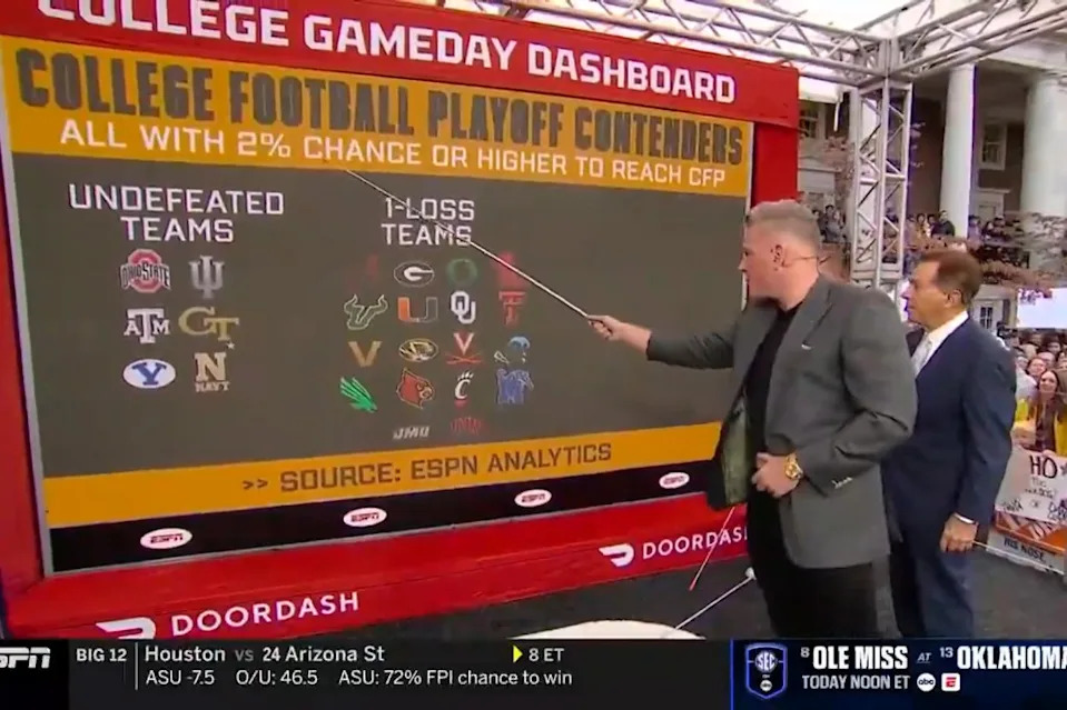 Pat McAfee is pictured during “College GameDay” on Oct. 25. Screengrab via X/@awfulannouncing