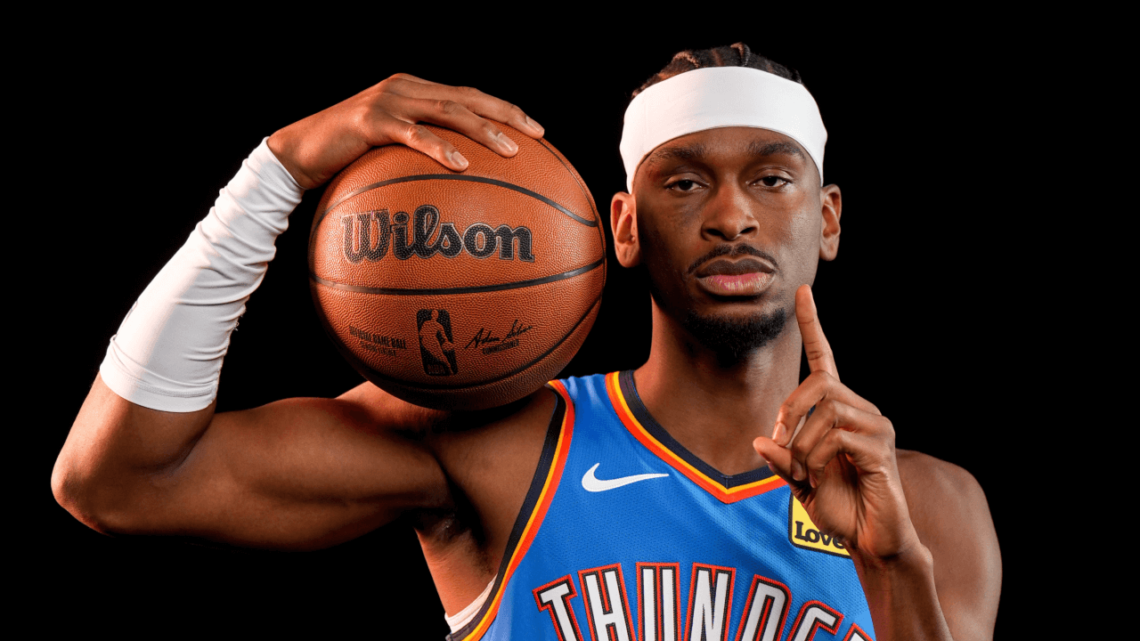 Oklahoma guard Shai Gilgeous-Alexander (2) poses for a photo shoot during Thunder media day.
