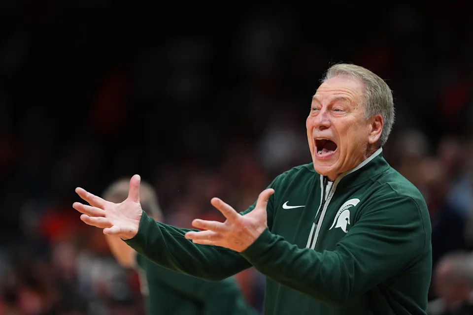 ATLANTA, GEORGIA - MARCH 30: Head coach Tom Izzo of the Michigan State Spartans reacts during the Elite Eight round of the 2025 NCAA Men's Basketball Tournament held at State Farm Arena on March 30, 2025 in Atlanta, Georgia. (Photo by Grant Halverson/NCAA Photos via Getty Images)