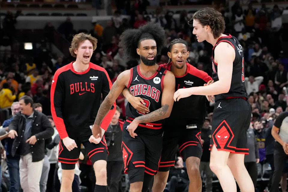 Chicago Bulls players Josh Giddey, Coby White, Matas Buzelis and Dalen Terry© David Banks-Imagn Images
