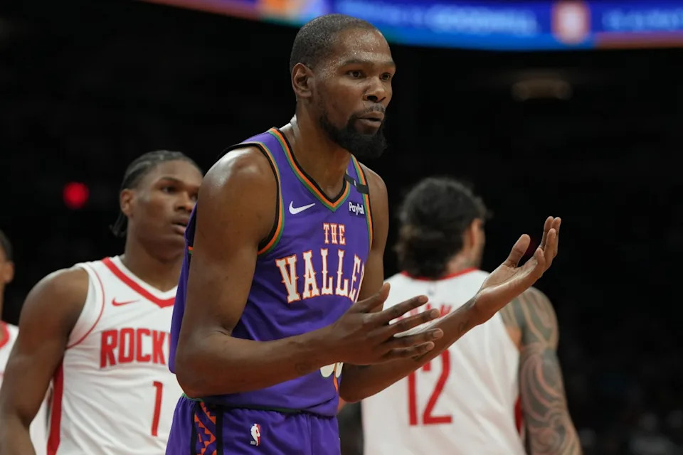 Then-Phoenix Suns forward Kevin Durant reacts after fouling a Houston Rockets player during a game at Footprint Center on March 30, 2025.Rick Scuteri-Imagn Images