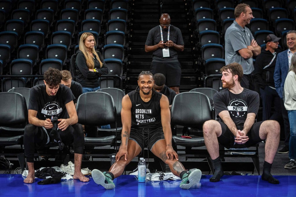 (From left) The Nets’ Ben Saraf, Tyson Etienne and Drew Timme at practice in Macau on Thursday. Photo: AFP