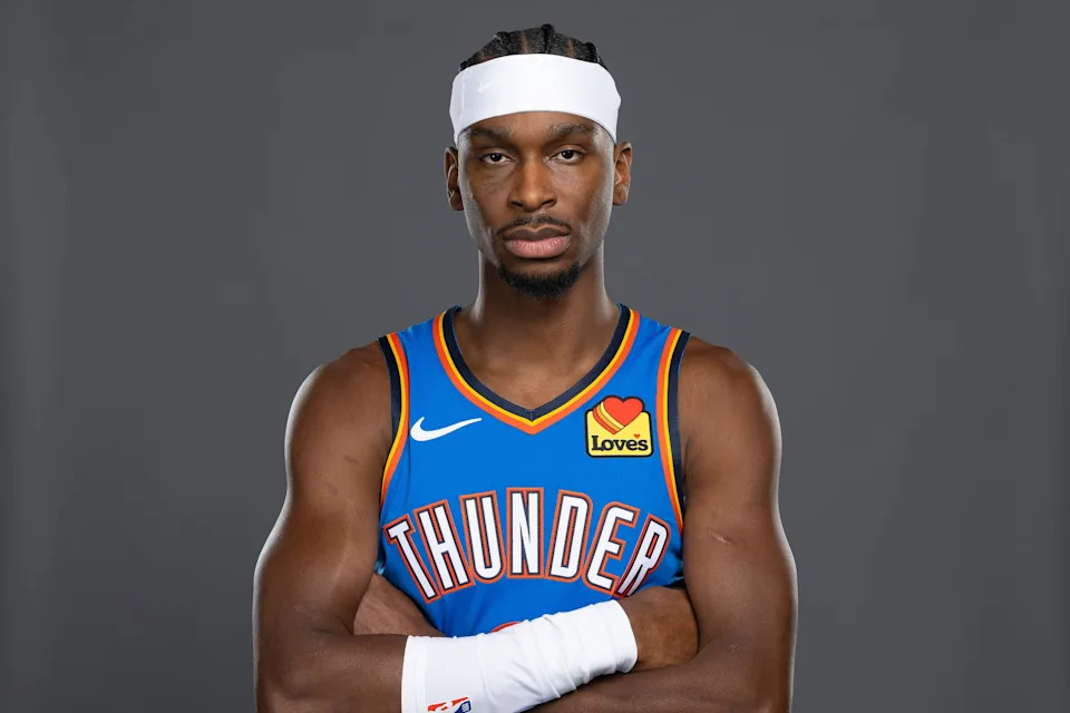 Sep 29, 2025; Oklahoma City, OK, USA; Oklahoma City Thunder guard Shai Gilgeous-Alexander poses for a photo during the 2025 Oklahoma City Thunder media day at Paycom Center. Mandatory Credit: Alonzo Adams-Imagn Images