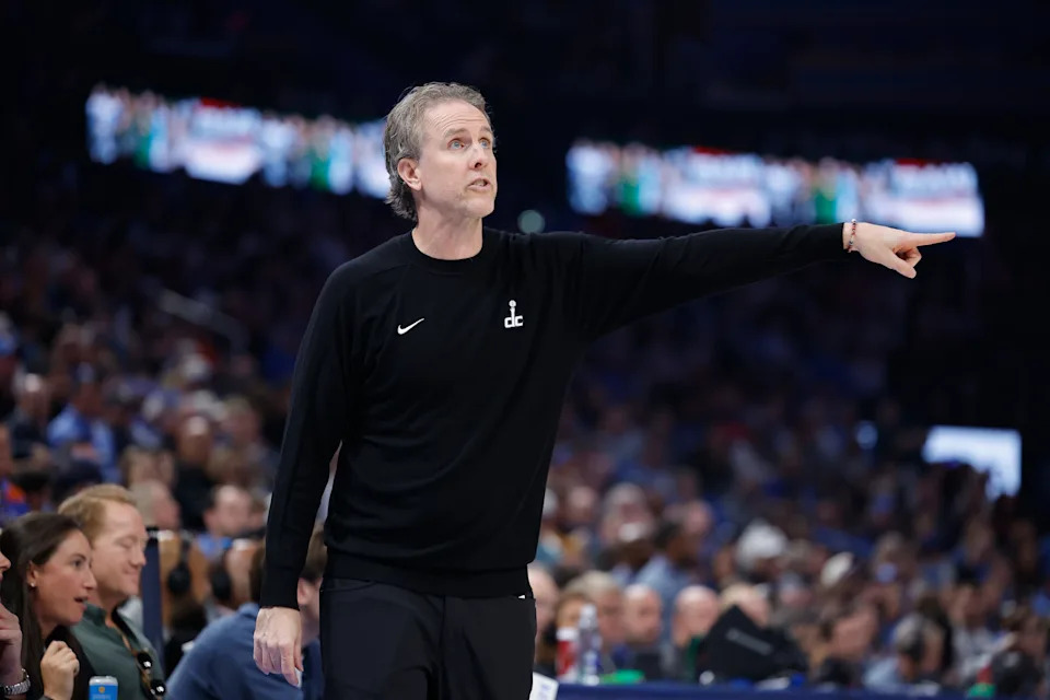 Oct 30, 2025; Oklahoma City, Oklahoma, USA; Washington Wizards head coach Brian Keefe gestures to his team during a play against the Oklahoma City Thunder during the second quarter at Paycom Center. Mandatory Credit: Alonzo Adams-Imagn Images