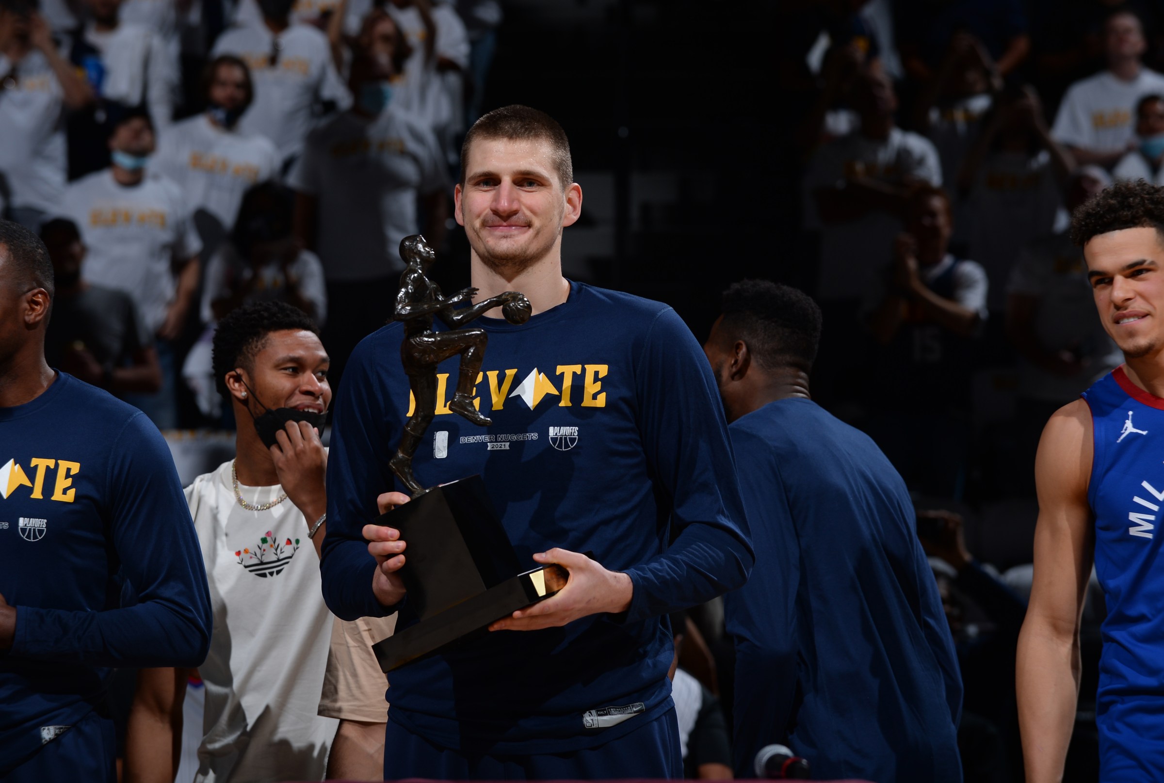 DENVER, CO - JUNE 11: Nikola Jokic #15 of the Denver Nuggets received the Maurice Podoloff Trophy as the 2020-2021 Kia NBA Most Valuable Player before the game against the Phoenix Suns during Round 2, Game 3 of the 2021 NBA Playoffs on June 11, 2021 at the Ball Arena in Denver, Colorado. NOTE TO USER: User expressly acknowledges and agrees that, by downloading and/or using this Photograph, user is consenting to the terms and conditions of the Getty Images License Agreement. Mandatory Copyright Notice: Copyright 2021 NBAE (Photo by Bart Young/NBAE via Getty Images)