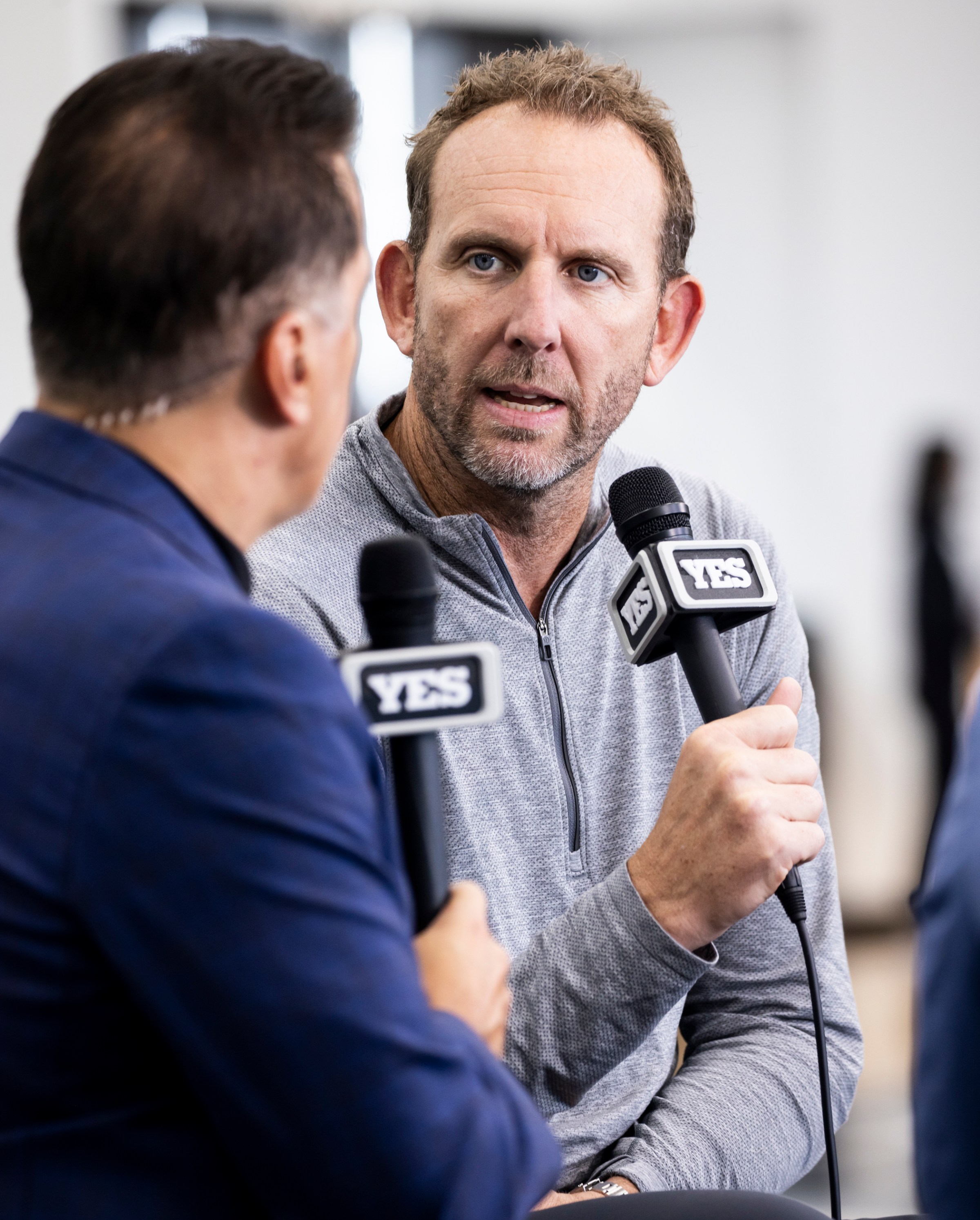 NEW YORK, NEW YORK - SEPTEMBER 30: General Manager Sean Marks of the Brooklyn Nets is interviewed during NBA Media Day at Brooklyn Nets HSS Training Center on September 30, 2024 in the Brooklyn borough of New York City. NOTE TO USER: User expressly acknowledges and agrees that, by downloading and/or using this Photograph, user is consenting to the terms and conditions of the Getty Images License Agreement. (Photo by Michelle Farsi/Getty Images)