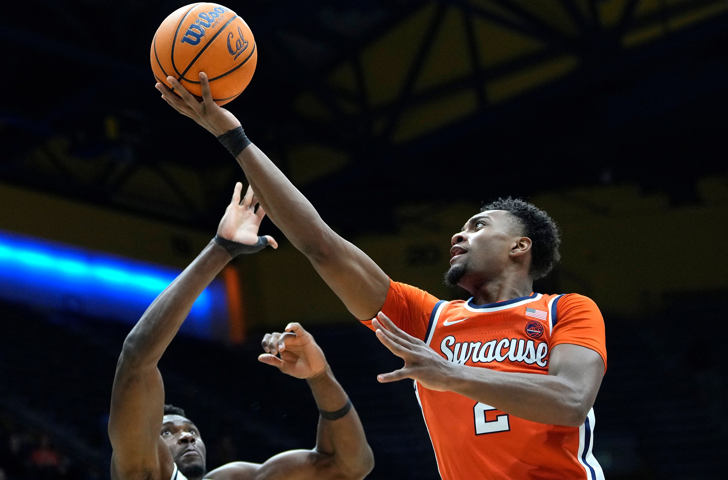 BERKELEY, CALIFORNIA - FEBRUARY 01: J.J. Starling #2 of the Syracuse Orange shoots over Mady Sissoko #12 of the California Golden Bears during the first half of a men’s NCAA college basketball game at Haas Pavilion on February 01, 2025 in Berkeley, California. (Photo by Thearon W. Henderson/Getty Images)