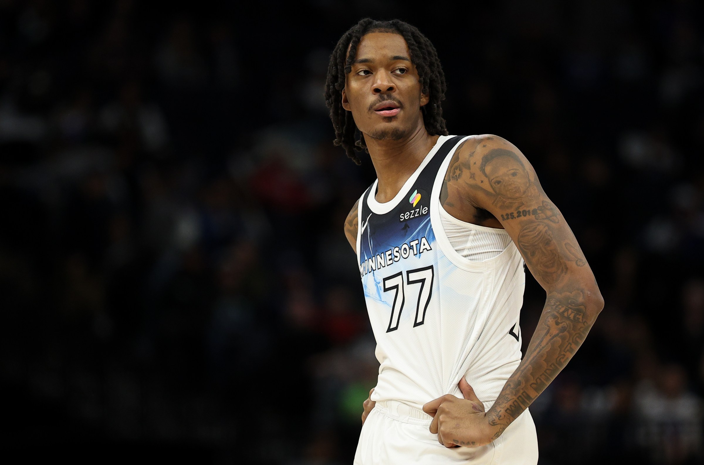 MINNEAPOLIS, MINNESOTA - MARCH 16: Bones Hyland #77 of the Minnesota Timberwolves looks on during the fourth quarter against the Utah Jazz at Target Center on March 16, 2025 in Minneapolis, Minnesota. NOTE TO USER: User expressly acknowledges and agrees that, by downloading and or using this photograph, User is consenting to the terms and conditions of the Getty Images License Agreement. (Photo by Matt Krohn/Getty Images)