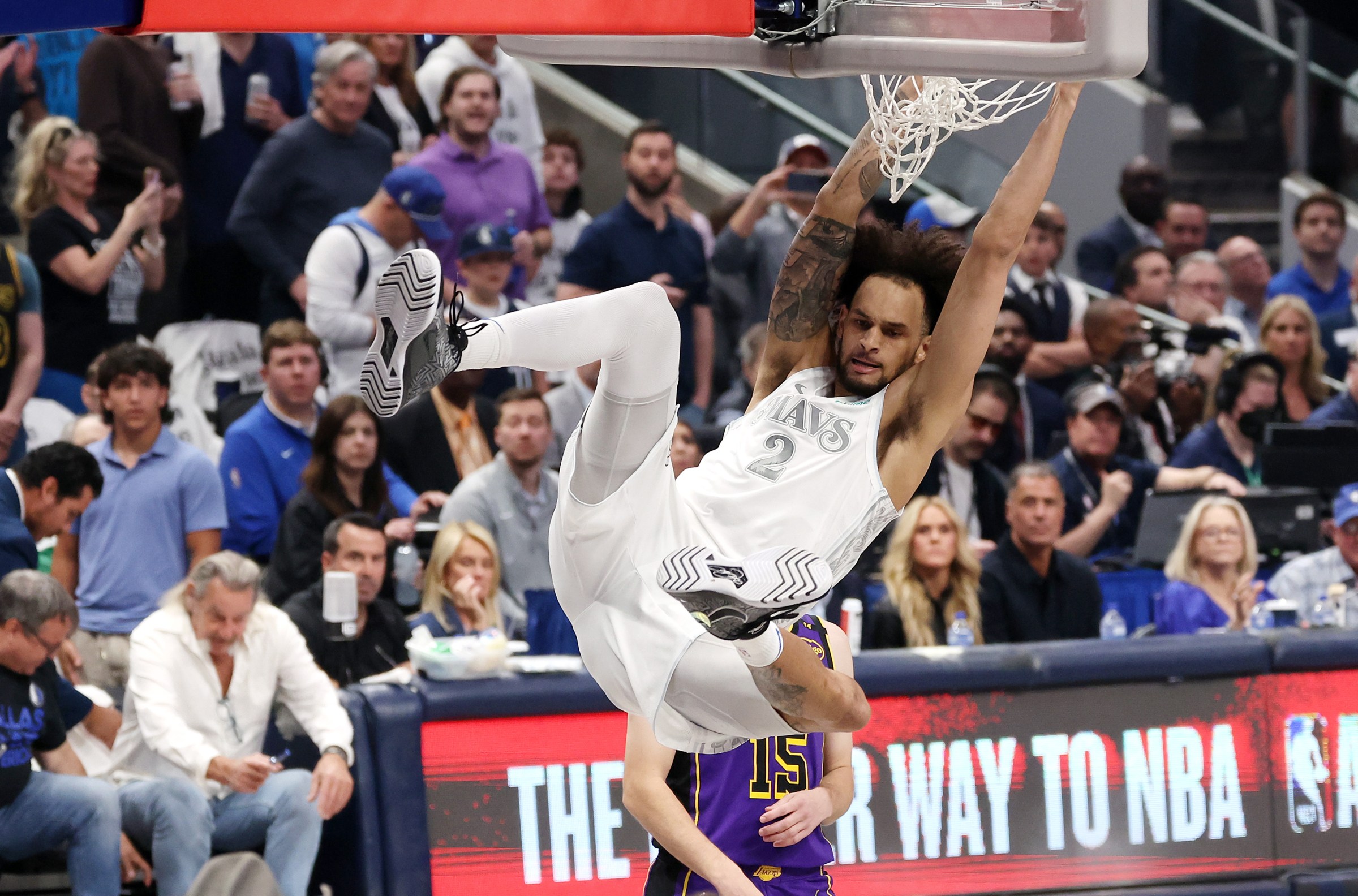 DALLAS, TEXAS - APRIL 09: Dereck Lively II #2 of the Dallas Mavericks dunks the ball against the Los Angeles Lakers during the first quarter at American Airlines Center on April 09, 2025 in Dallas, Texas. NOTE TO USER: User expressly acknowledges and agrees that, by downloading and or using this photograph, user is consenting to the terms and conditions of the Getty Images License Agreement. (Photo by Sam Hodde/Getty Images)