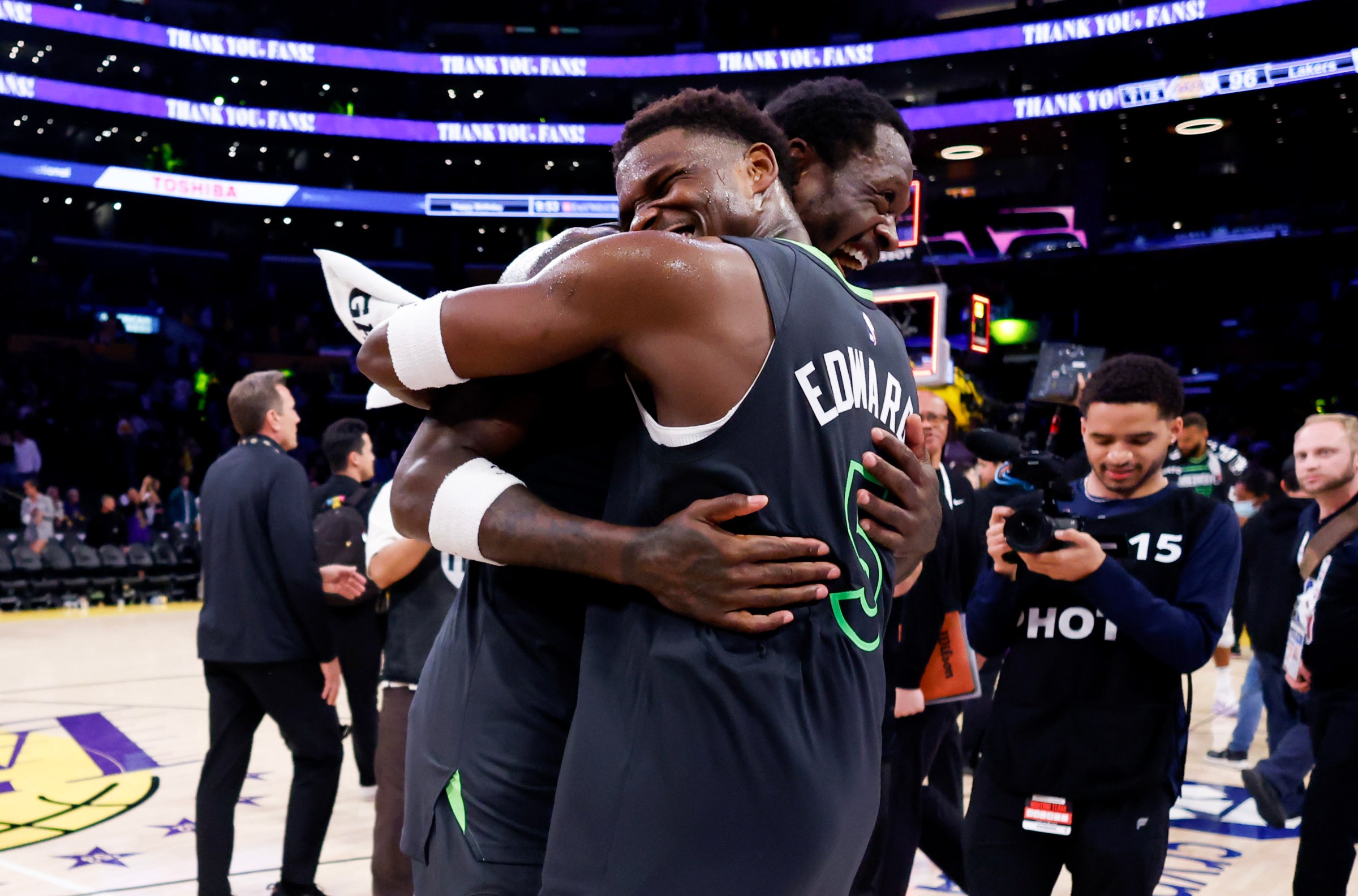 LOS ANGELES, CALIFORNIA - APRIL 30: Julius Randle #30 and Anthony Edwards #5 of the Minnesota Timberwolves celebrate after defeating the Los Angeles Lakers in Game Five of the Western Conference First Round NBA Playoffs at Crypto.com Arena on April 30, 2025 in Los Angeles, California. NOTE TO USER: User expressly acknowledges and agrees that, by downloading and or using this photograph, User is consenting to the terms and conditions of the Getty Images License Agreement. (Photo by Harry How/Getty Images)