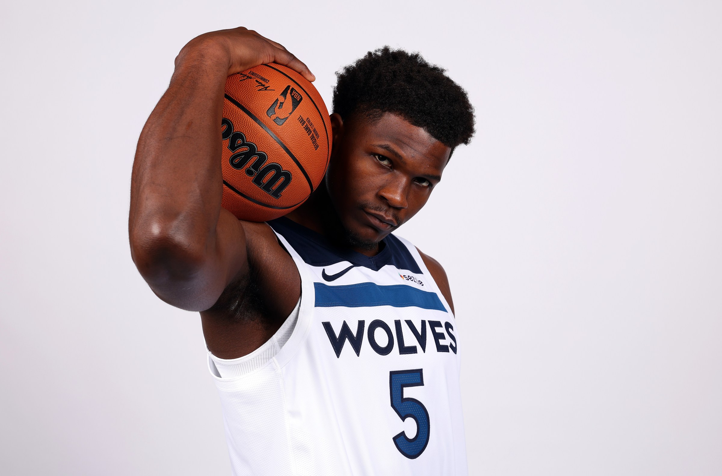 MINNEAPOLIS, MINNESOTA - SEPTEMBER 29: Anthony Edwards #5 of the Minnesota Timberwolves poses for a portrait during Media Day at Target Center on September 29, 2025 in Minneapolis, Minnesota. NOTE TO USER: User expressly acknowledges and agrees that, by downloading and or using this photograph, User is consenting to the terms and conditions of the Getty Images License Agreement. (Photo by David Berding/Getty Images)