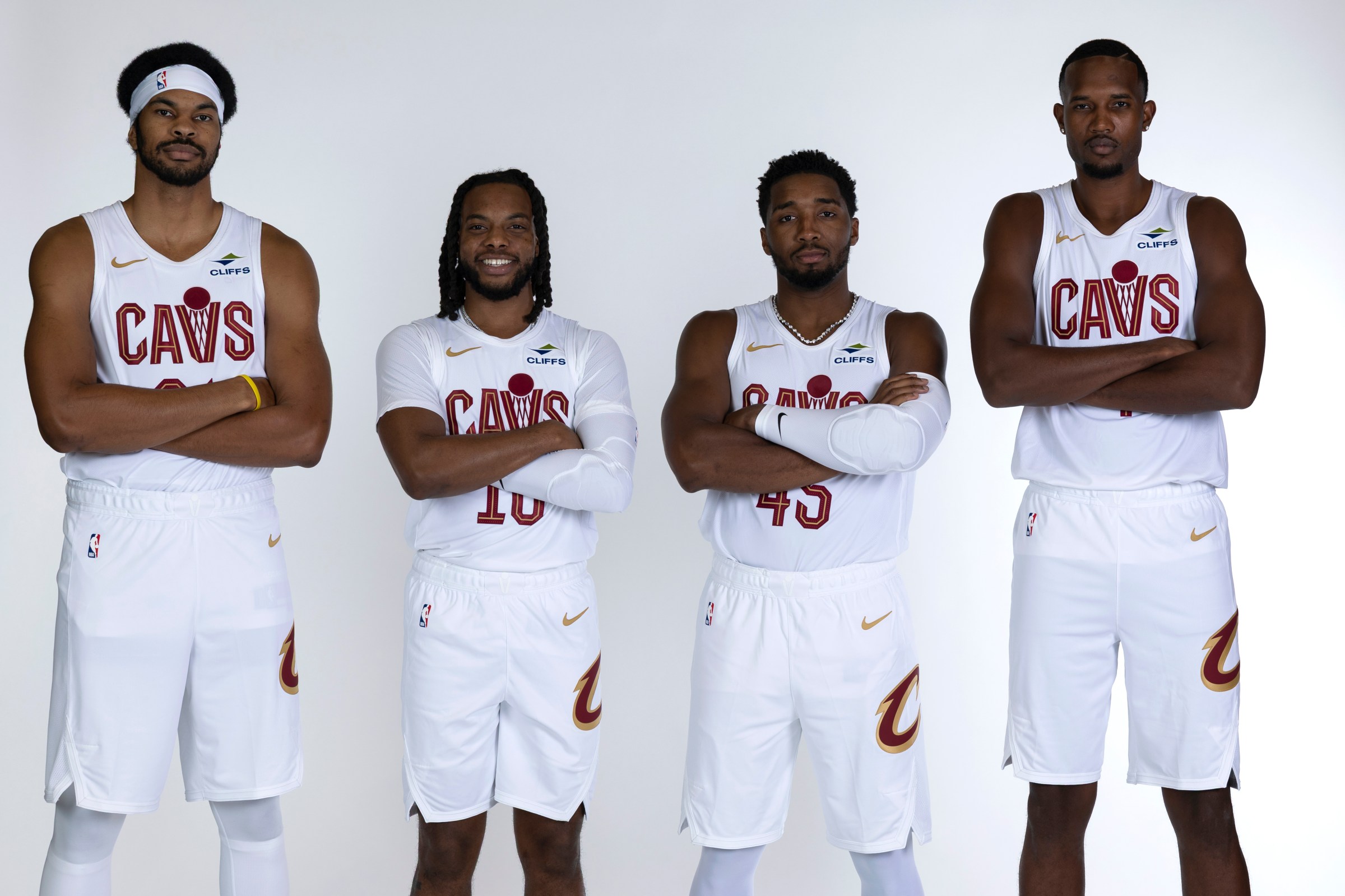 CLEVELAND, OH - SEPTEMBER 26: Jarrett Allen #31, Donovan Mitchell #45, Darius Garland #10 and Evan Mobley #4 of the Cleveland Cavaliers poses for a portrait during media day on September 29, 2025 at Rocket Mortgage FieldHouse in Cleveland, Ohio. NOTE TO USER: User expressly acknowledges and agrees that, by downloading and/or using this Photograph, user is consenting to the terms and conditions of the Getty Images License Agreement. Mandatory Copyright Notice: Copyright 2025 NBAE (Photo by Lauren Leigh Bacho/NBAE via Getty Images)