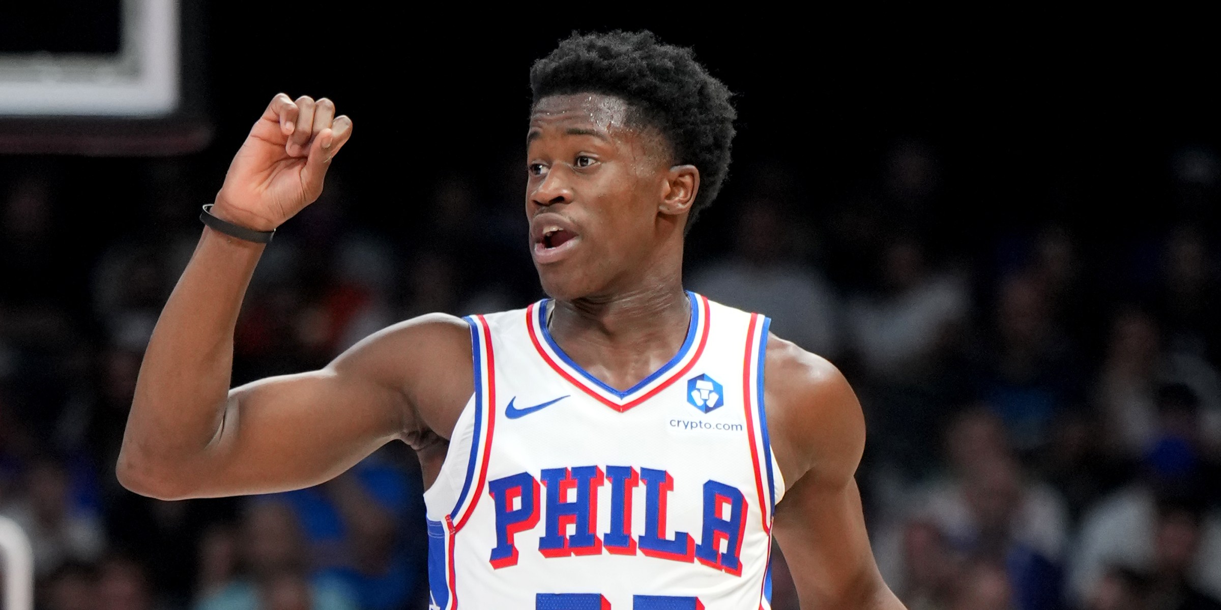 ABU DHABI, UAE - OCTOBER 2: VJ Edgecombe #77 dribbles the ball during the game against the New York Knicks as part of 2025 NBA Global Games Abu Dhabi on October 2, 2025 at the Etihad Arena in Abu Dhabi, United Arab Emirates NOTE TO USER: User expressly acknowledges and agrees that, by downloading and/or using this Photograph, user is consenting to the terms and conditions of the Getty Images License Agreement. Mandatory Copyright Notice: Copyright 2025 NBAE (Photo by Jesse D. Garrabrant/NBAE via Getty Images)