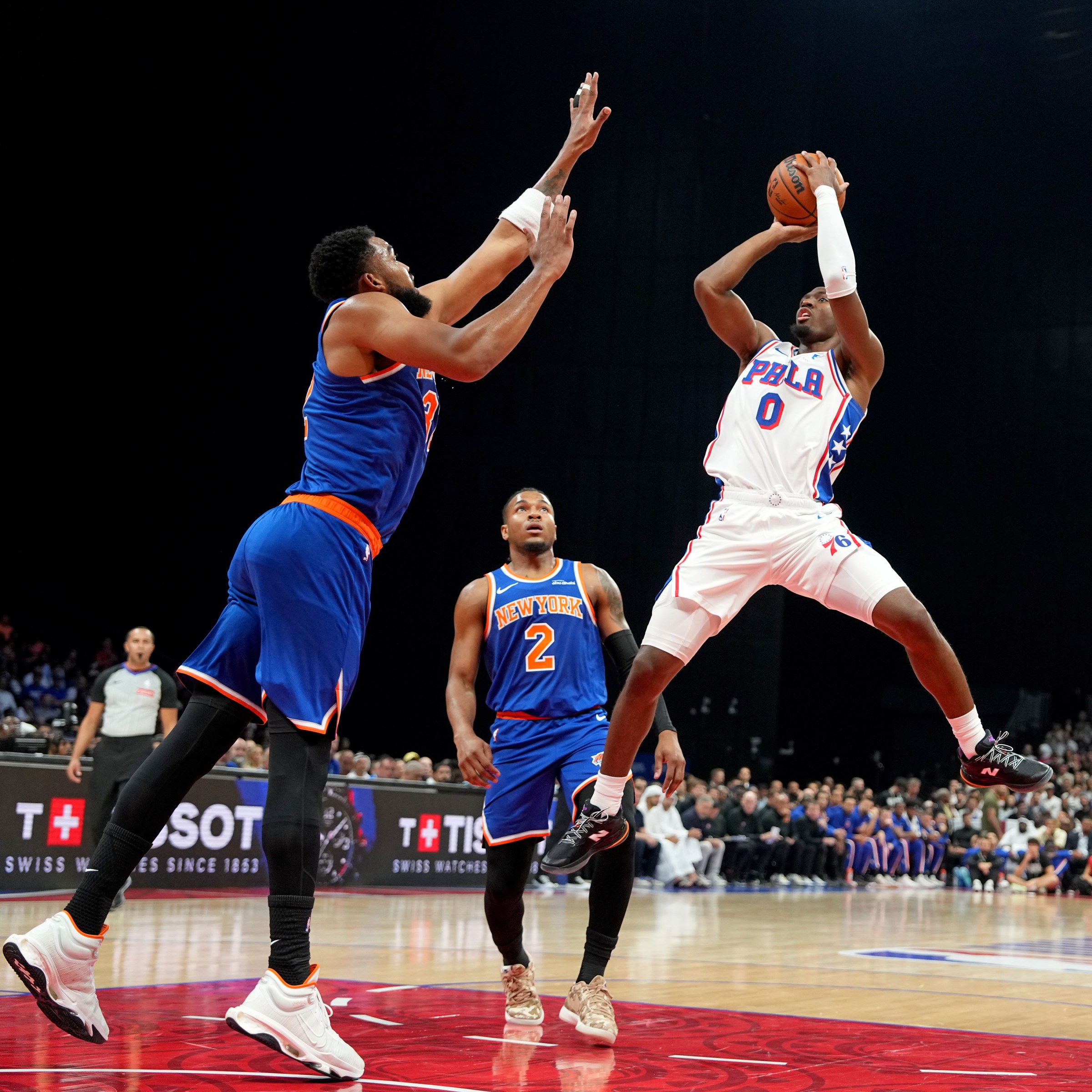 ABU DHABI, UAE - OCTOBER 2: Tyrese Maxey #0 of the Philadelphia 76ers shoots the ball during the game against the New York Knicks as part of 2025 NBA Global Games Abu Dhabi on October 2, 2025 at the Etihad Arena in Abu Dhabi, United Arab Emirates NOTE TO USER: User expressly acknowledges and agrees that, by downloading and/or using this Photograph, user is consenting to the terms and conditions of the Getty Images License Agreement. Mandatory Copyright Notice: Copyright 2025 NBAE (Photo by Jesse D. Garrabrant/NBAE via Getty Images)