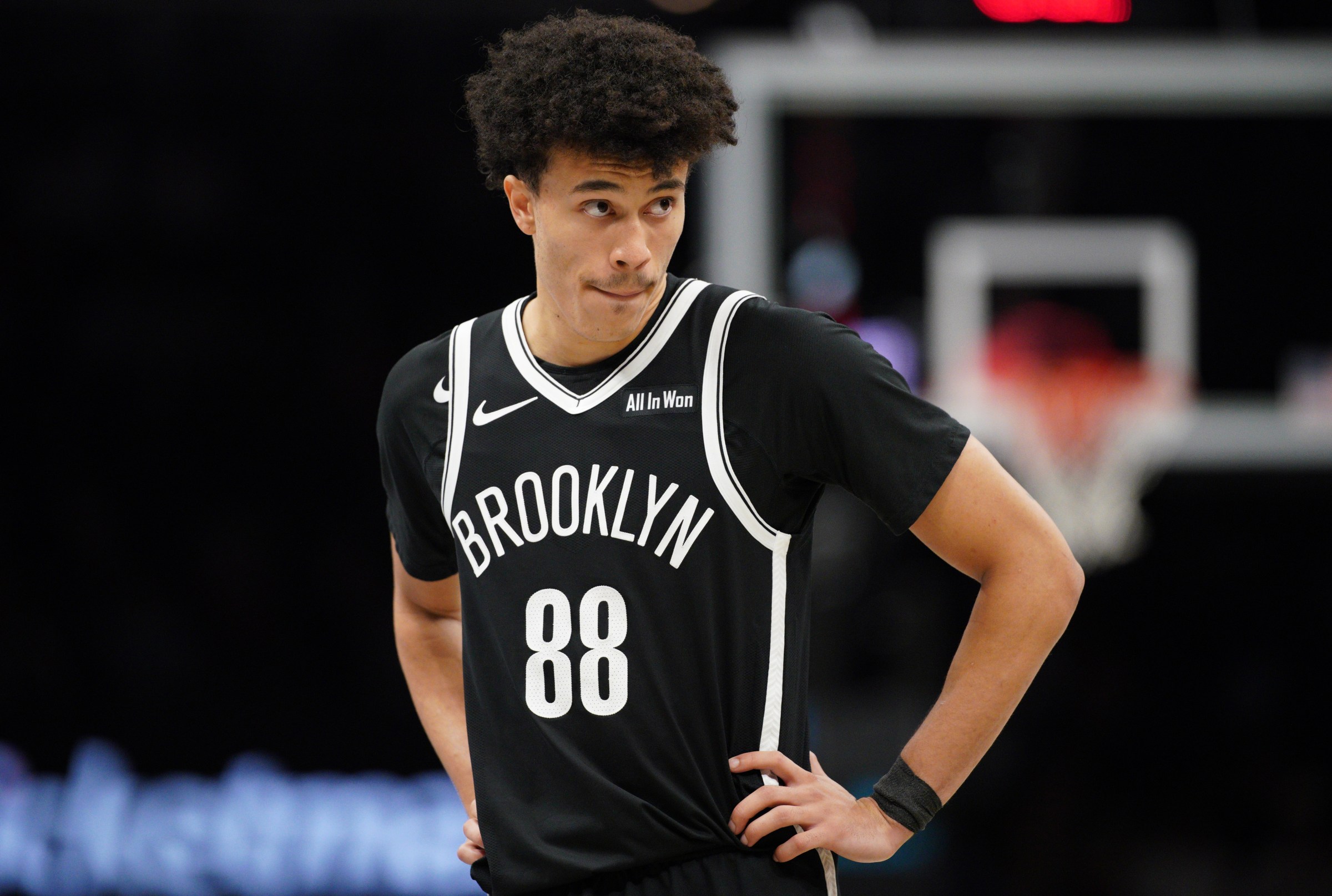 NEW YORK, NEW YORK - OCTOBER 04: Nolan Traore #88 of the Brooklyn Nets looks on during the second half of the preseason match between the Brooklyn Nets and Hapoel Jerusalem B.C. at Barclays Center on October 04, 2025 in the Brooklyn borough of New York City. (Photo by Evan Bernstein/Getty Images)