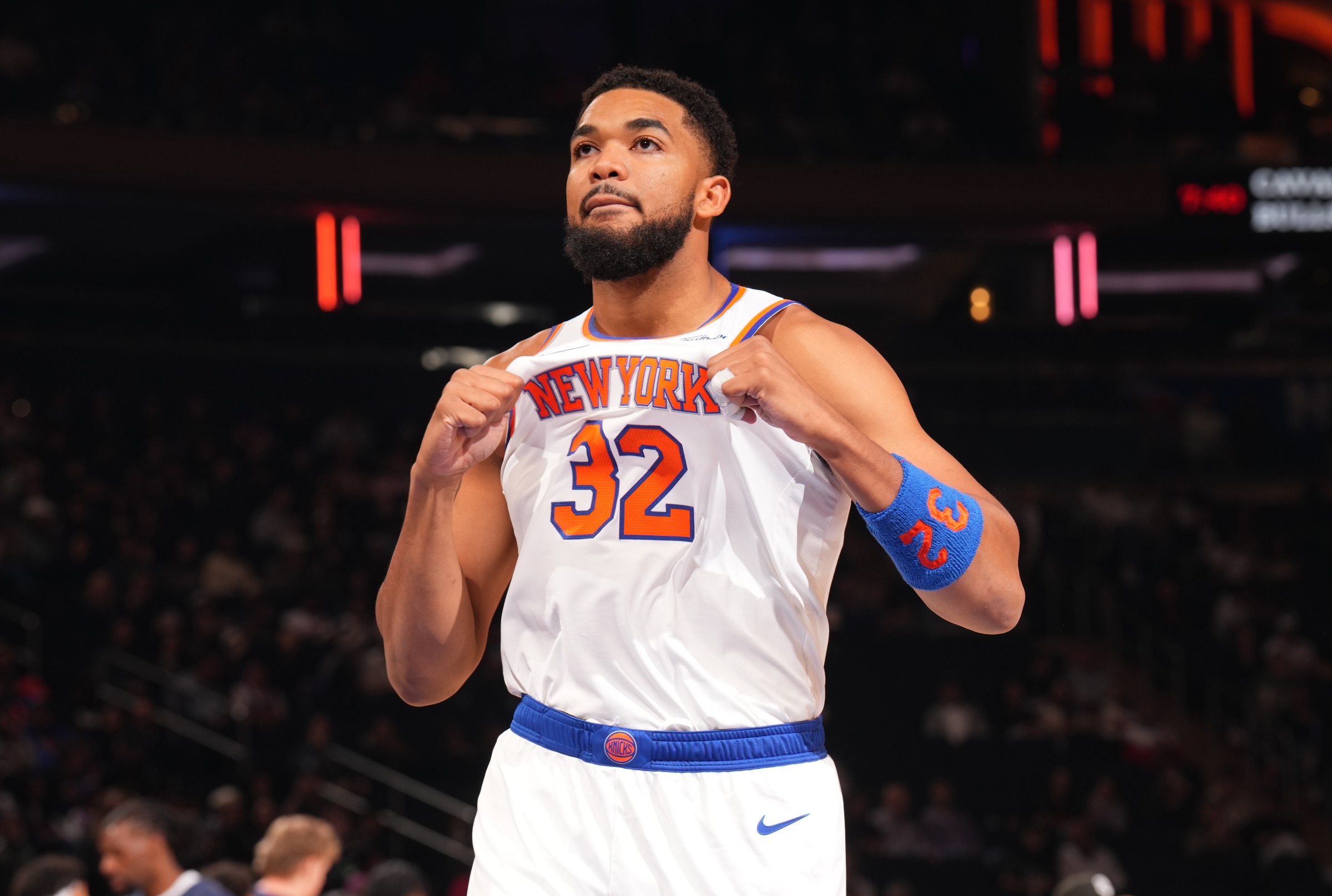 NEW YORK, NY - OCTOBER 9: Karl-Anthony Towns #32 of the New York Knicks looks on during the game against the Minnesota Timberwolves during an NBA Preseason game on October 9, 2025 at Madison Square Garden in New York City, New York. NOTE TO USER: User expressly acknowledges and agrees that, by downloading and or using this photograph, User is consenting to the terms and conditions of the Getty Images License Agreement. Mandatory Copyright Notice: Copyright 2025 NBAE (Photo by Jesse D. Garrabrant/NBAE via Getty Images)