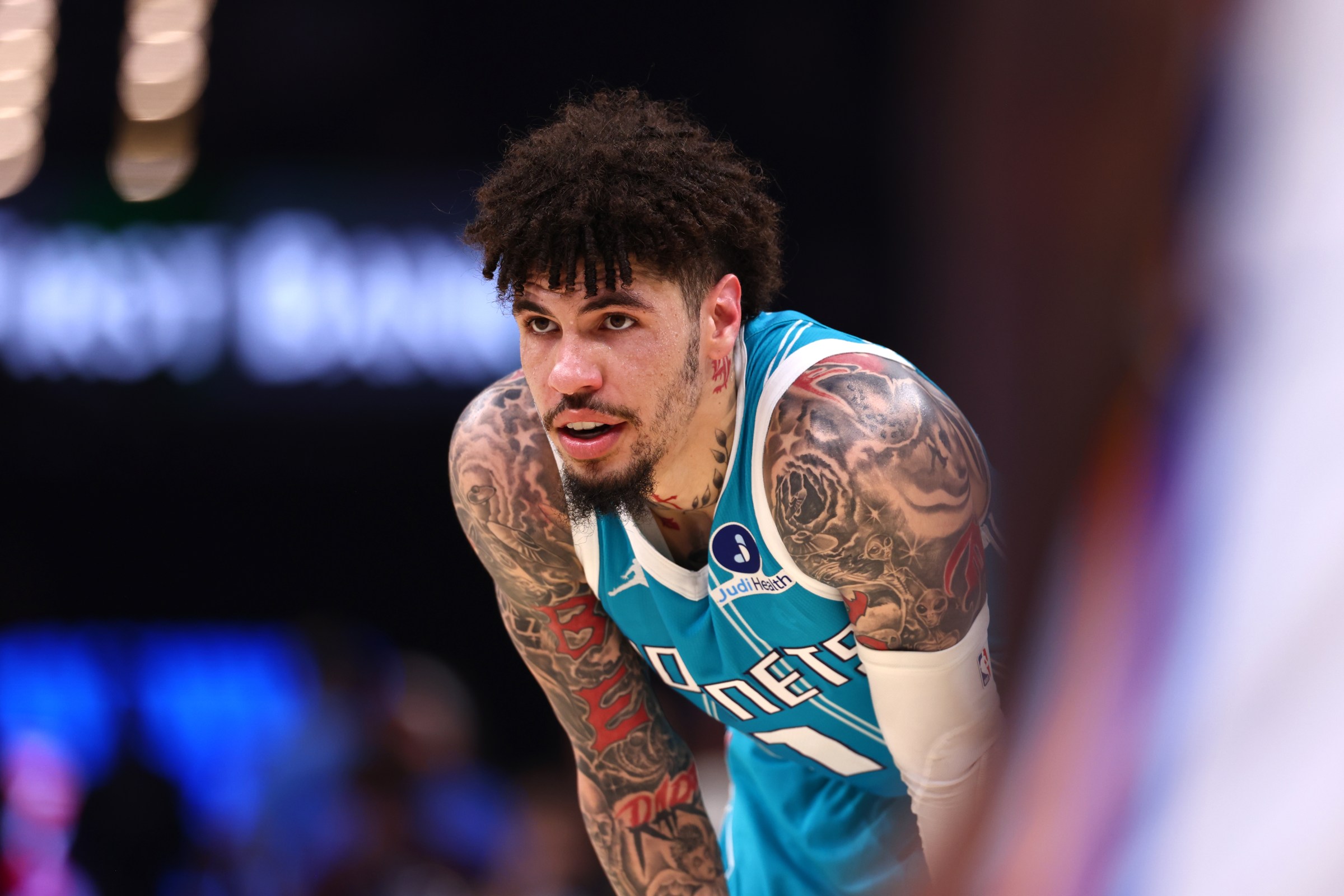 OKLAHOMA CITY, OK - OCTOBER 9: LaMelo Ball #1 of the Charlotte Hornets looks on during the game against the Oklahoma City Thunder during Preseason on October 9, 2025 at Paycom Center in Oklahoma City, Oklahoma. NOTE TO USER: User expressly acknowledges and agrees that, by downloading and or using this photograph, User is consenting to the terms and conditions of the Getty Images License Agreement. Mandatory Copyright Notice: Copyright 2025 NBAE (Photo by Zach Beeker/NBAE via Getty Images)
