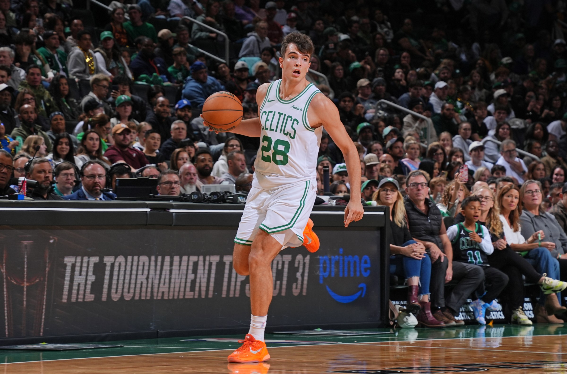BOSTON, MA - OCTOBER 12: Hugo Gonzalez #28 of the Boston Celtics handles the ball during the game against the Cleveland Cavaliers during a pre-season game on October 12, 2025 at TD Garden in Boston, Massachusetts. NOTE TO USER: User expressly acknowledges and agrees that, by downloading and/or using this Photograph, user is consenting to the terms and conditions of the Getty Images License Agreement. Mandatory Copyright Notice: Copyright 2025 NBAE (Photo by Brian Babineau/NBAE via Getty Images)