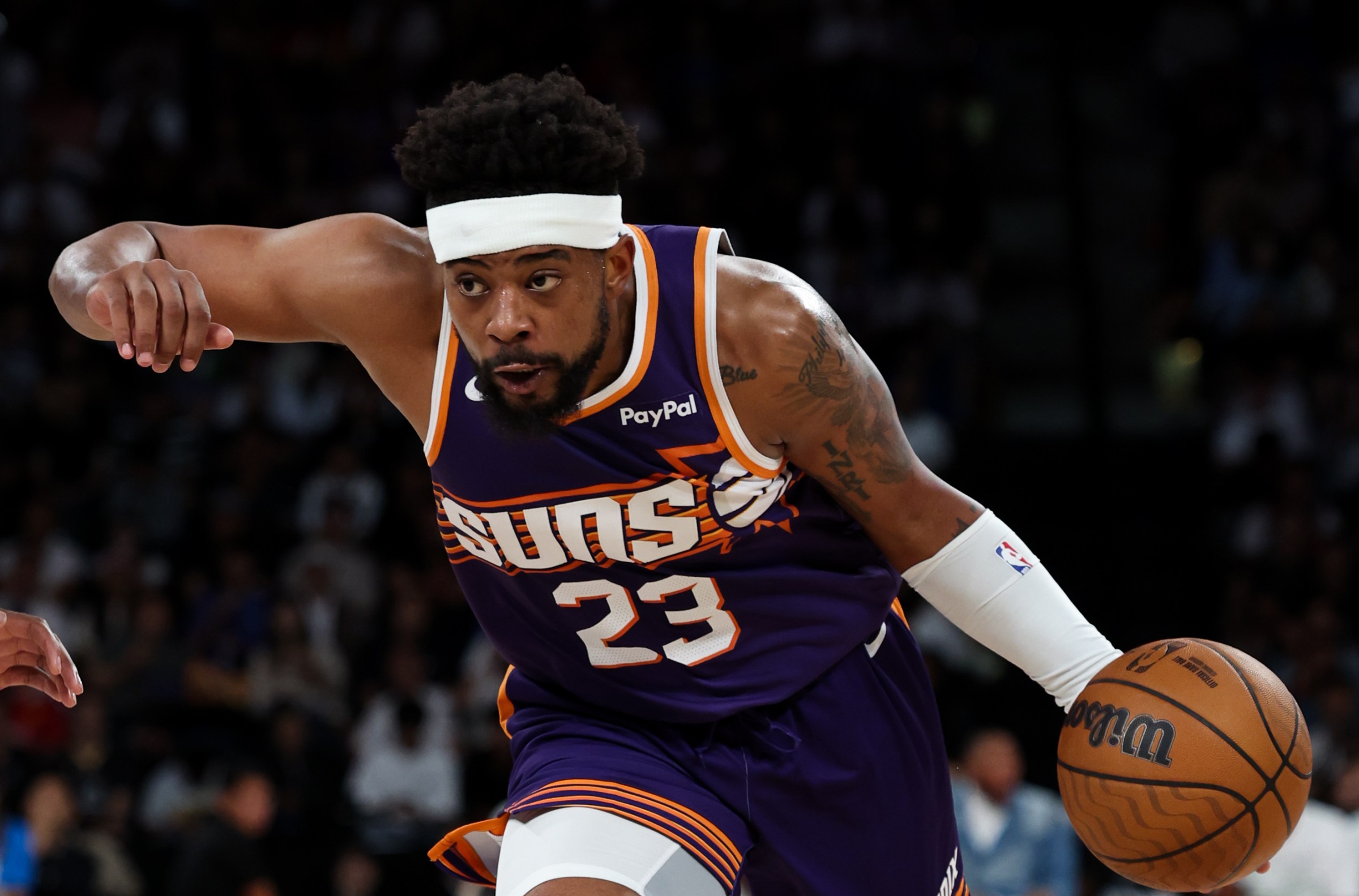 MACAU, MACAU - OCTOBER 12: Jordan Goodwin #23 of Phoenix Suns dribbles the ball during NBA China Games 2025 between the Brooklyn Nets and the Phoenix Suns at The Venetian Macao on October 12, 2025 in Macau, Macau. NOTE TO USER: User expressly acknowledges and agrees that, by downloading and/or using this Photograph, user is consenting to the terms and conditions of the Getty Images License Agreement. (Photo by Zhizhao Wu/Getty Images)