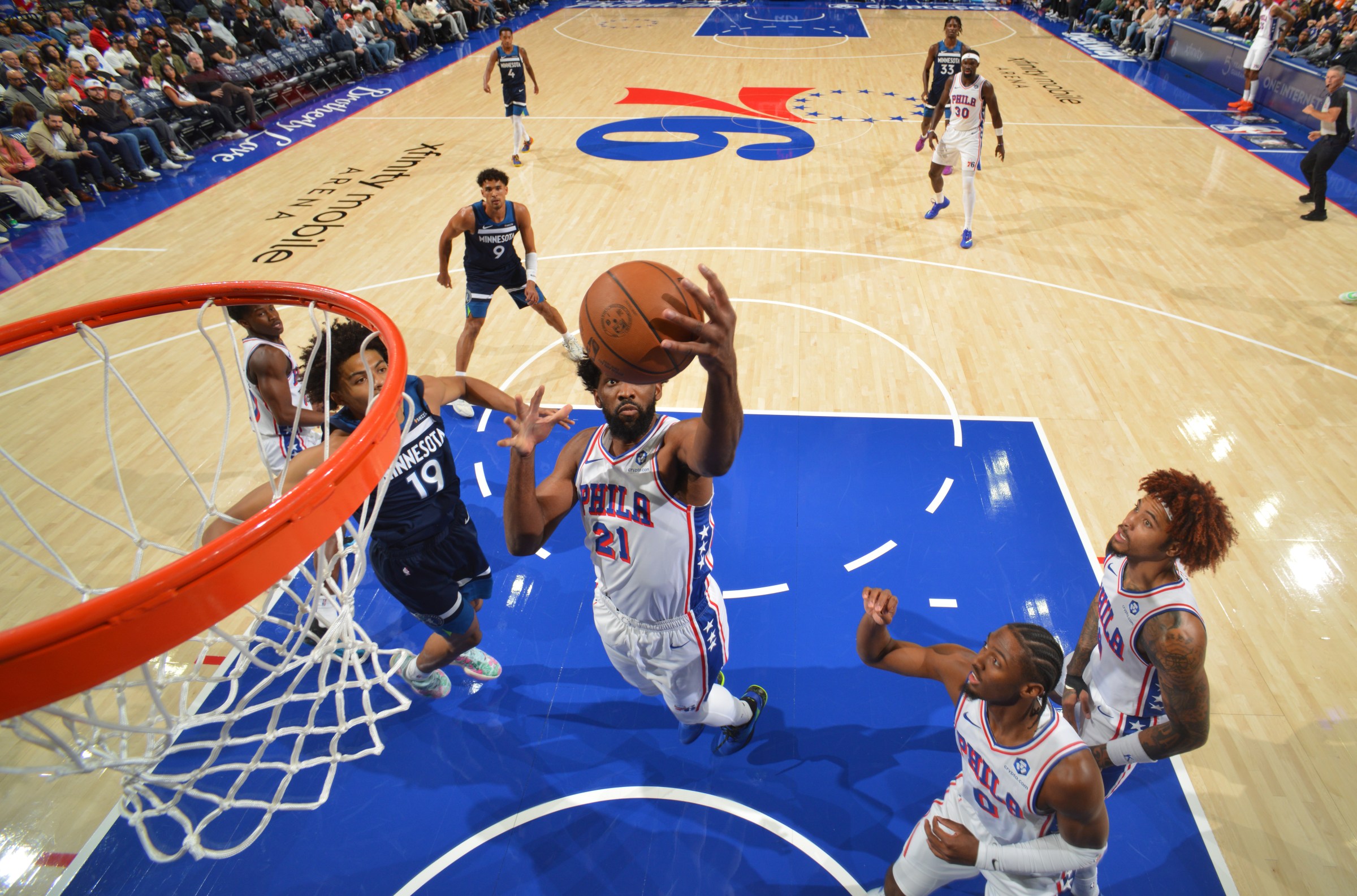 PHILADELPHIA, PA - OCTOBER 17: Joel Embiid #21 of the Philadelphia 76ers goes up for the rebound during the game against the Minnesota Timberwolves during a NBA preseason game on October 17, 2025 at the Wells Fargo Center in Philadelphia, Pennsylvania NOTE TO USER: User expressly acknowledges and agrees that, by downloading and/or using this Photograph, user is consenting to the terms and conditions of the Getty Images License Agreement. Mandatory Copyright Notice: Copyright 2025 NBAE (Photo by Jesse D. Garrabrant/NBAE via Getty Images)