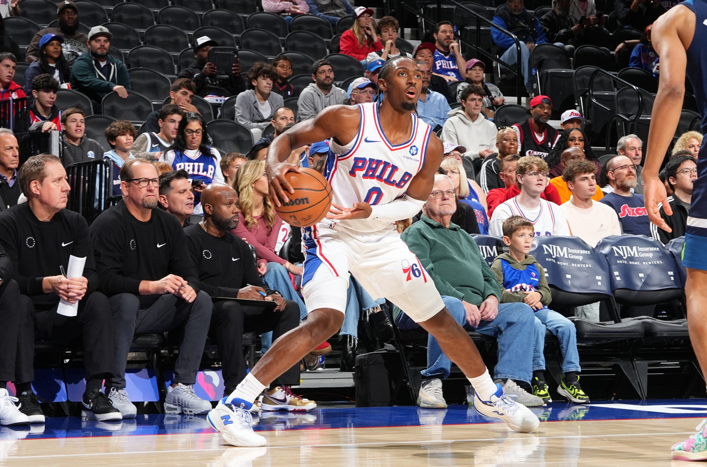 PHILADELPHIA, PA - OCTOBER 17: Tyrese Maxey #0 of the Philadelphia 76ers dribbles the ball during the game against the Minnesota Timberwolves during a NBA preseason game on October 17, 2025 at the Wells Fargo Center in Philadelphia, Pennsylvania NOTE TO USER: User expressly acknowledges and agrees that, by downloading and/or using this Photograph, user is consenting to the terms and conditions of the Getty Images License Agreement. Mandatory Copyright Notice: Copyright 2025 NBAE (Photo by Jesse D. Garrabrant/NBAE via Getty Images)