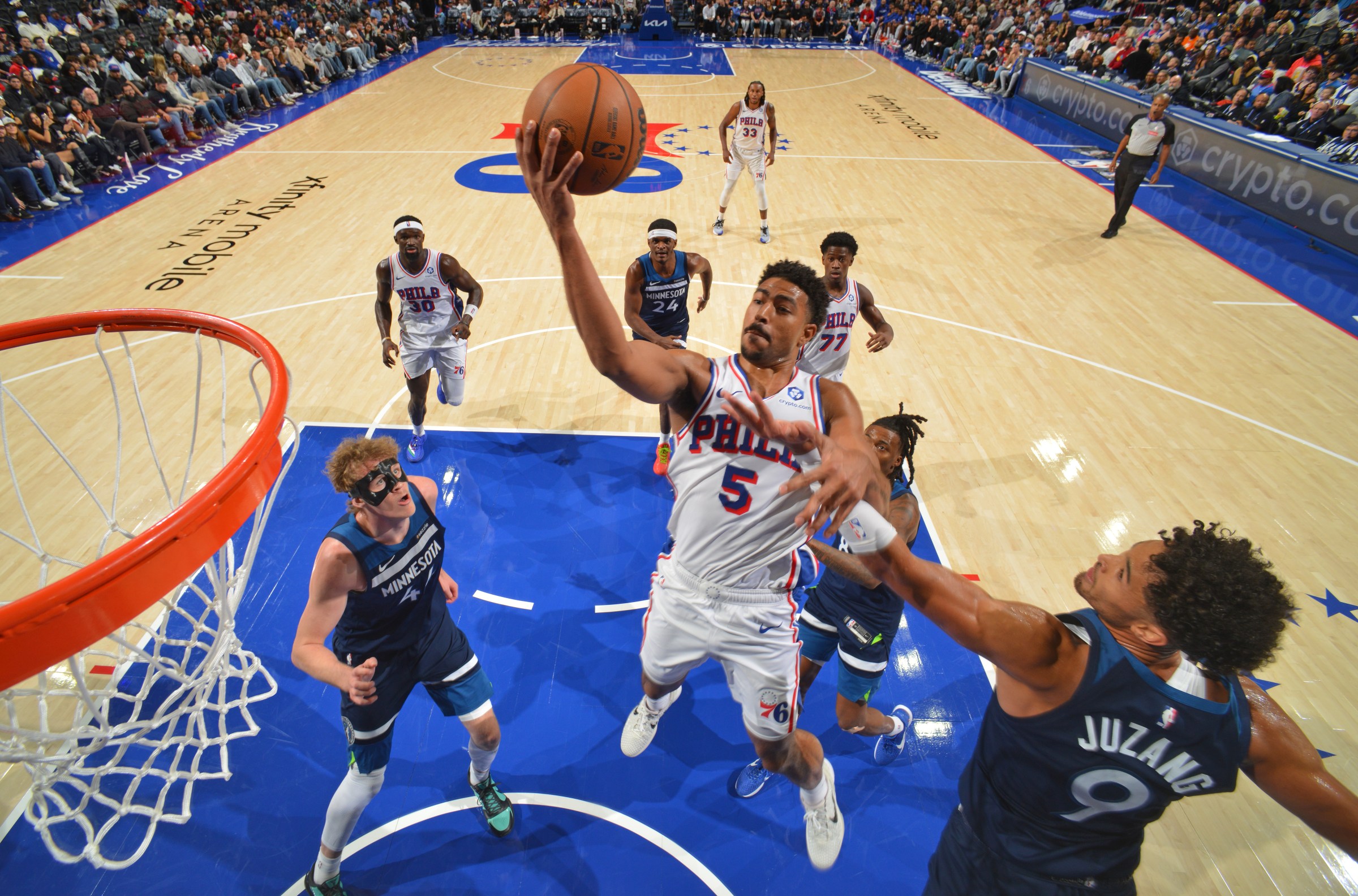 PHILADELPHIA, PA - OCTOBER 17: Quentin Grimes #5 of the Philadelphia 76ers drives to the basket during the game against the Minnesota Timberwolves during a NBA preseason game on October 17, 2025 at the Wells Fargo Center in Philadelphia, Pennsylvania NOTE TO USER: User expressly acknowledges and agrees that, by downloading and/or using this Photograph, user is consenting to the terms and conditions of the Getty Images License Agreement. Mandatory Copyright Notice: Copyright 2025 NBAE (Photo by Jesse D. Garrabrant/NBAE via Getty Images)