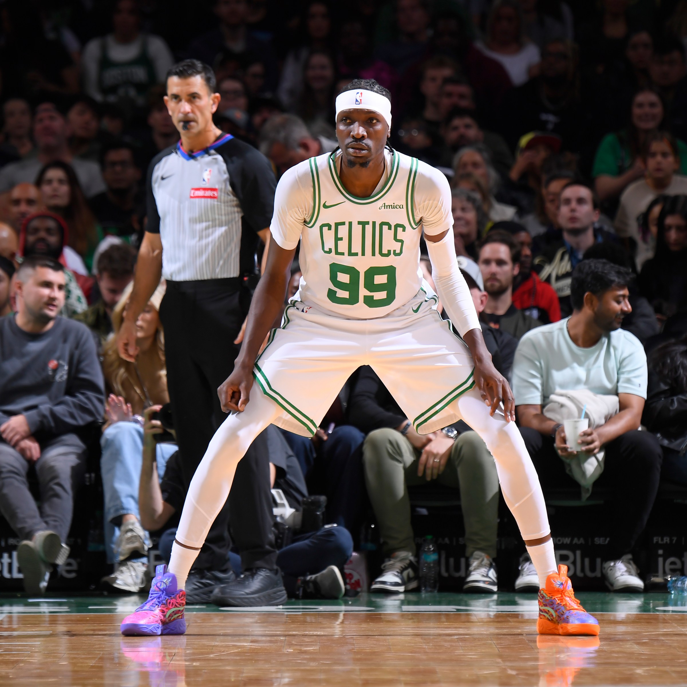 BOSTON, MA - OCTOBER 15: Chris Boucher #99 of the Boston Celtics looks on during the game against the Toronto Raptors during Preseason on October 15, 2025 at TD Garden in Boston, Massachusetts. NOTE TO USER: User expressly acknowledges and agrees that, by downloading and/or using this Photograph, user is consenting to the terms and conditions of the Getty Images License Agreement. Mandatory Copyright Notice: Copyright 2025 NBAE (Photo by Brian Babineau/NBAE via Getty Images)