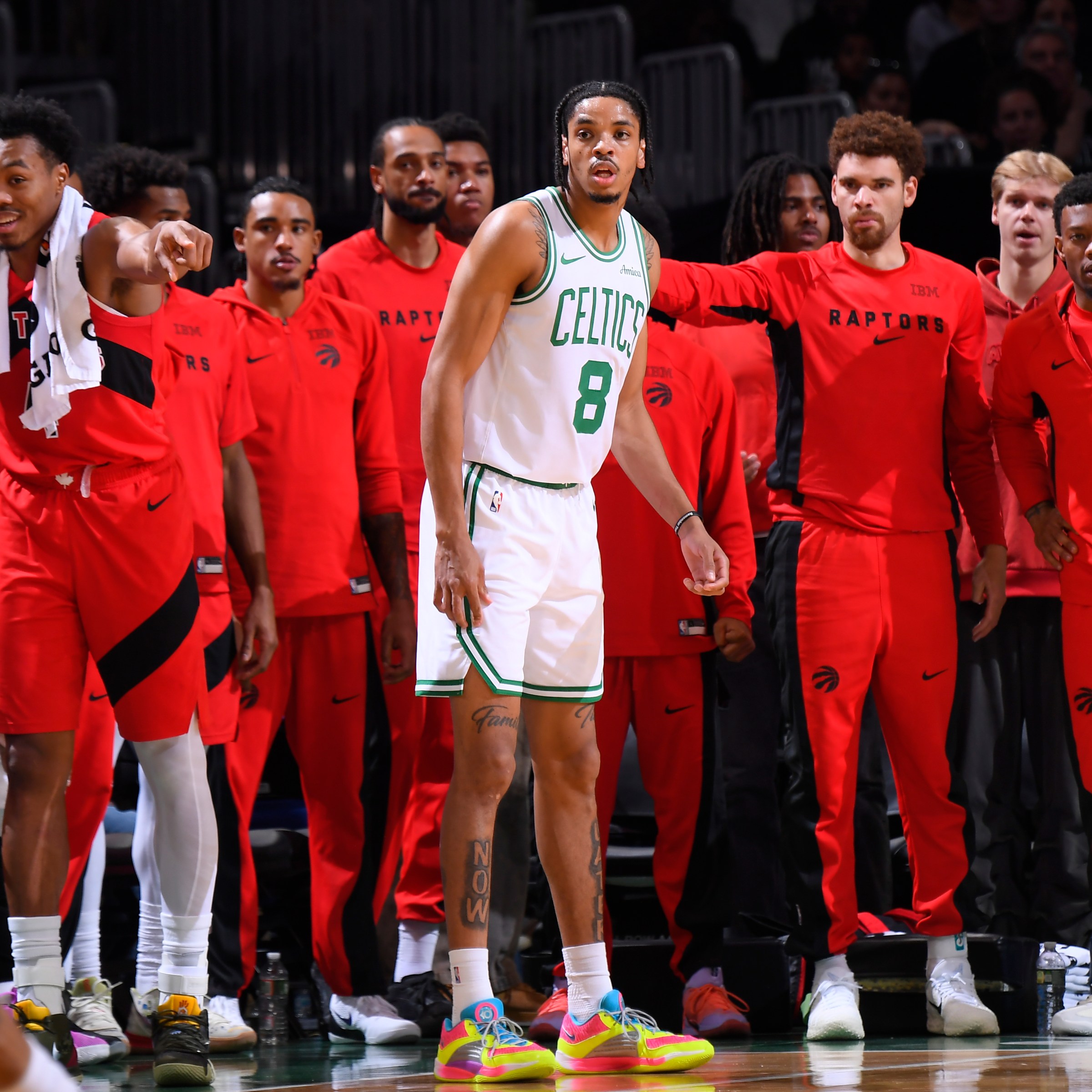 BOSTON, MA - OCTOBER 15: Josh Minott #8 of the Boston Celtics looks on during the game against the Toronto Raptors during Preseason on October 15, 2025 at TD Garden in Boston, Massachusetts. NOTE TO USER: User expressly acknowledges and agrees that, by downloading and/or using this Photograph, user is consenting to the terms and conditions of the Getty Images License Agreement. Mandatory Copyright Notice: Copyright 2025 NBAE (Photo by Brian Babineau/NBAE via Getty Images)