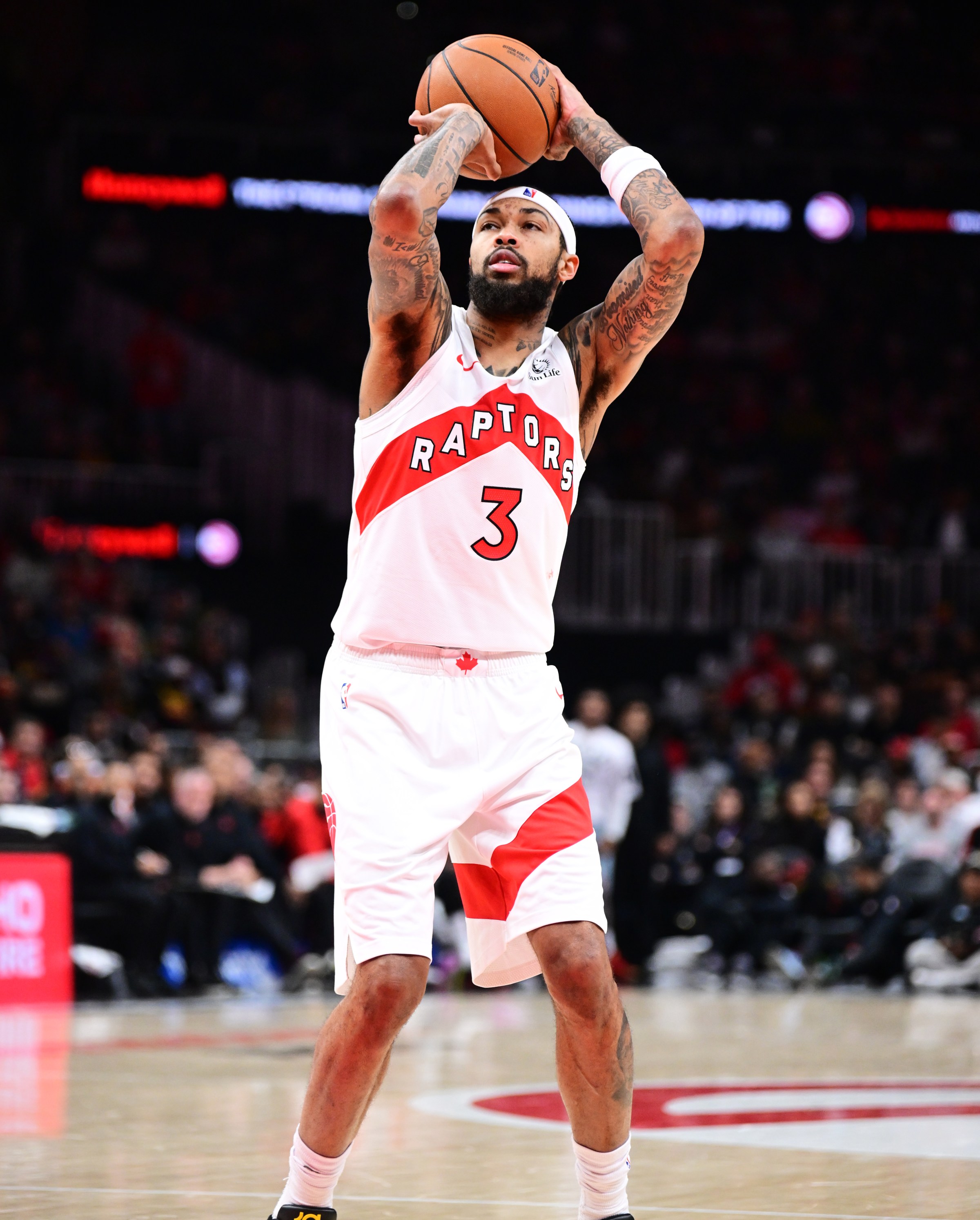 ATLANTA, GA - OCTOBER 22: Brandon Ingram #3 of the Toronto Raptors shoots a free throw during the game against the Atlanta Hawks on October 22, 2025 at State Farm Arena in Atlanta, Georgia. NOTE TO USER: User expressly acknowledges and agrees that, by downloading and/or using this Photograph, user is consenting to the terms and conditions of the Getty Images License Agreement. Mandatory Copyright Notice: Copyright 2025 NBAE (Photo by Adam Hagy/NBAE via Getty Images)