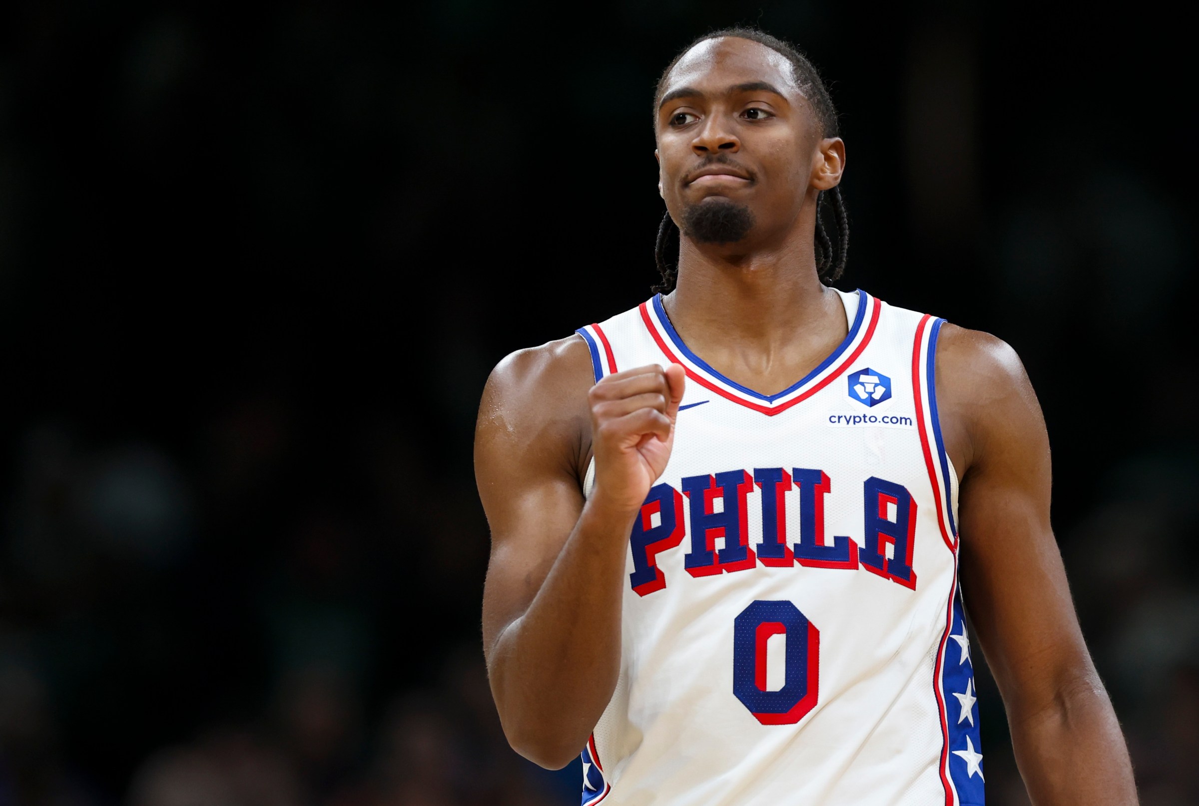 BOSTON, MA - OCTOBER 22: Tyrese Maxey #0 of the Philadelphia 76ers reacts in the fourth quarter of the game against the Boston Celtics at TD Garden on October 22, 2025 in Boston, Massachusetts. NOTE TO USER: User expressly acknowledges and agrees that, by downloading and or using this photograph, User is consenting to the terms and conditions of the Getty Images License Agreement. (Photo by Adam Glanzman/Getty Images)