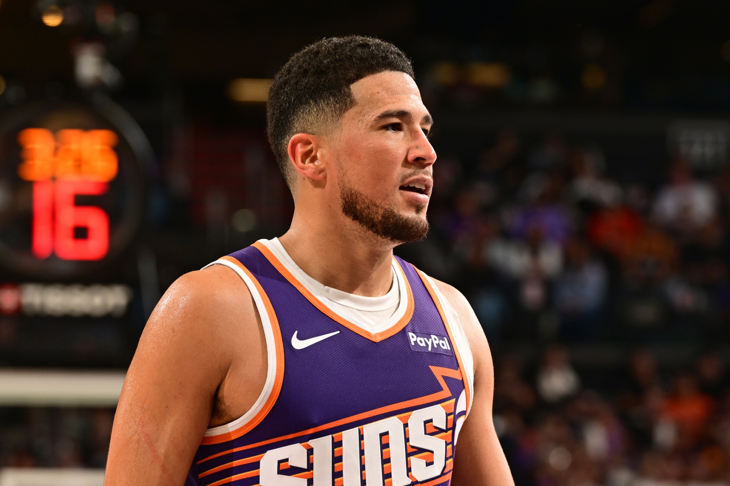 PHOENIX, AZ - OCTOBER 22: Devin Booker #1 of the Phoenix Suns looks on during the game against the Sacramento Kings on October 22, 2025 at PHX Arena in Phoenix, Arizona. NOTE TO USER: User expressly acknowledges and agrees that, by downloading and or using this photograph, user is consenting to the terms and conditions of the Getty Images License Agreement. Mandatory Copyright Notice: Copyright 2025 NBAE (Photo by Kate Frese/NBAE via Getty Images)