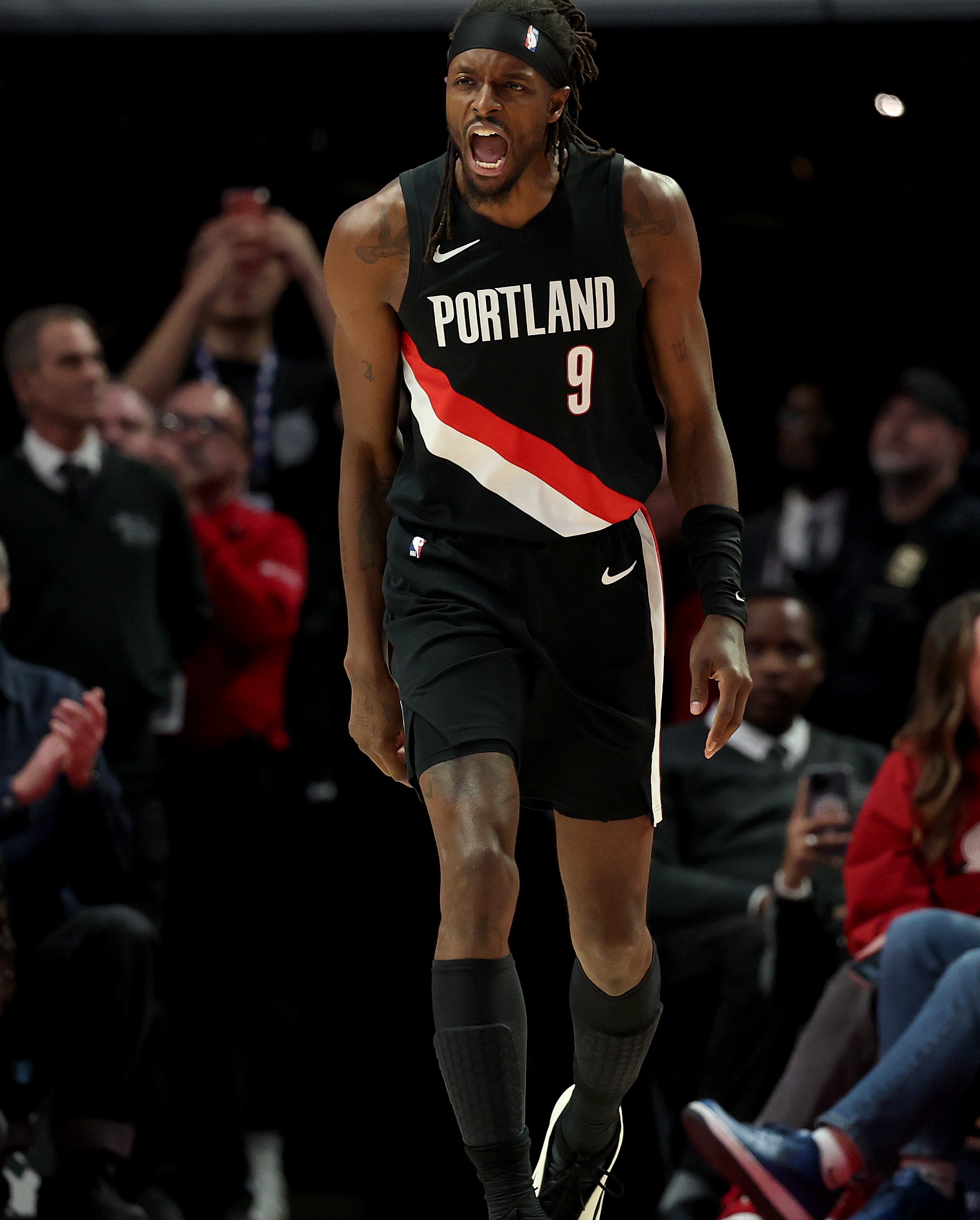 PORTLAND, OREGON - OCTOBER 22: Jerami Grant #9 of the Portland Trail Blazers reacts during the first half against the Minnesota Timberwolves at Moda Center on October 22, 2025 in Portland, Oregon. NOTE TO USER: User expressly acknowledges and agrees that, by downloading and or using this photograph, User is consenting to the terms and conditions of the Getty Images License Agreement. (Photo by Steph Chambers/Getty Images)