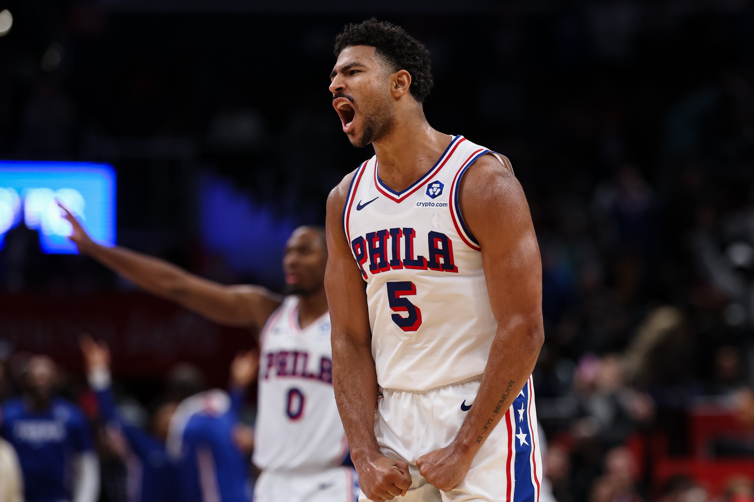 WASHINGTON, DC - OCTOBER 28: Quentin Grimes #5 of the Philadelphia 76ers celebrates after making a three point basket during the second half W| at Capital One Arena on October 28, 2025 in Washington, DC. NOTE TO USER: User expressly acknowledges and agrees that, by downloading and or using this photograph, User is consenting to the terms and conditions of the Getty Images License Agreement. (Photo by Scott Taetsch/Getty Images)