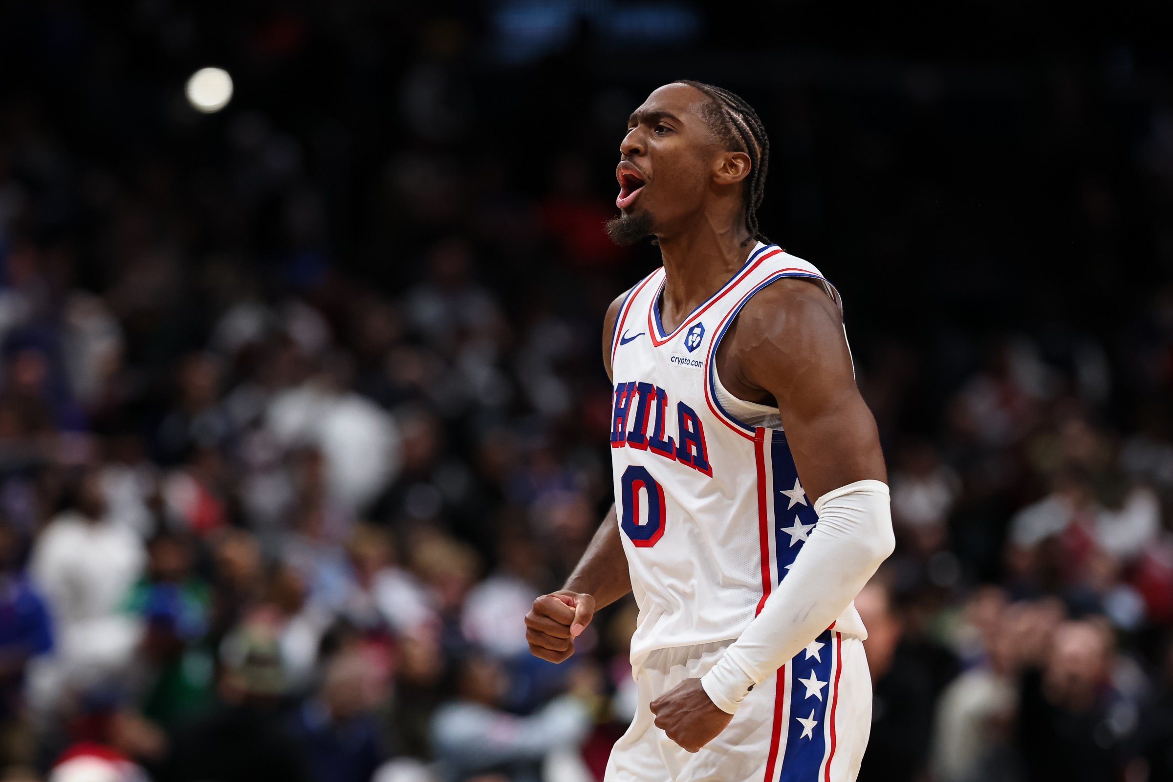 WASHINGTON, DC - OCTOBER 28: Tyrese Maxey #0 of the Philadelphia 76ers celebrates after a play against the Washington Wizards during overtime at Capital One Arena on October 28, 2025 in Washington, DC. NOTE TO USER: User expressly acknowledges and agrees that, by downloading and or using this photograph, User is consenting to the terms and conditions of the Getty Images License Agreement. (Photo by Scott Taetsch/Getty Images)
