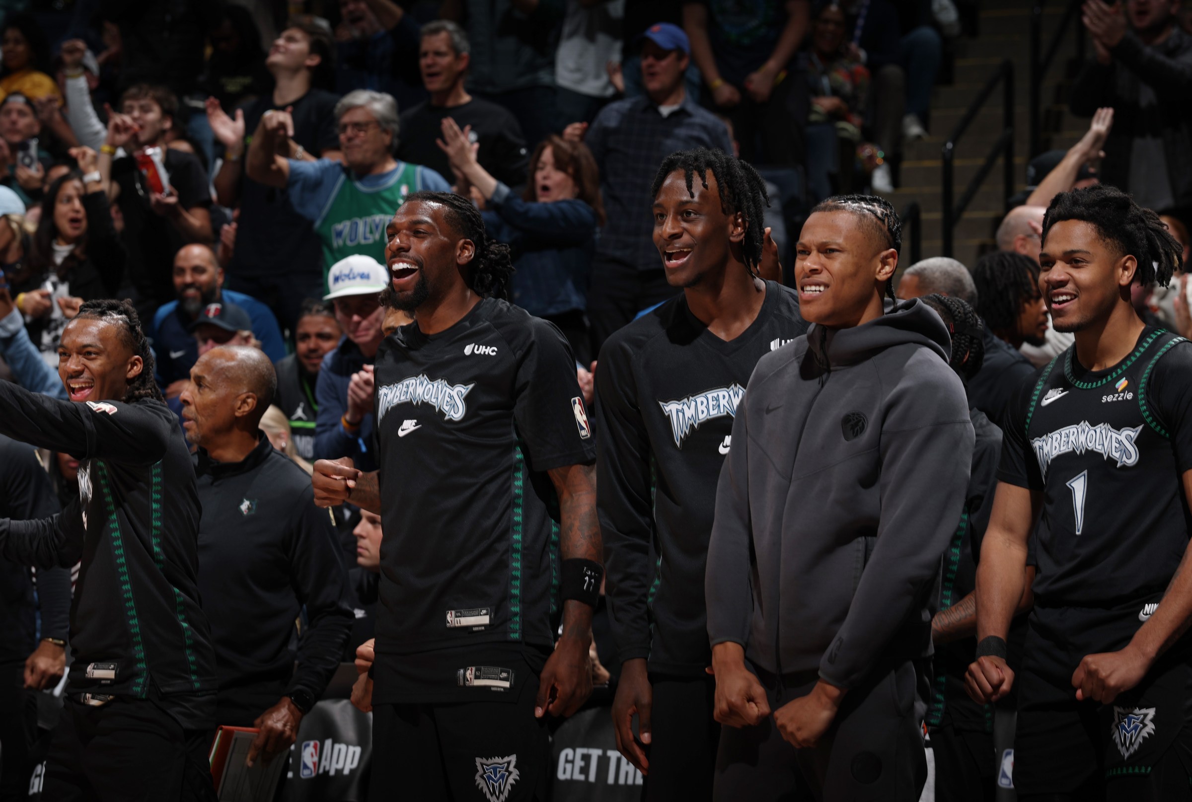 MINNEAPOLIS, MN - OCTOBER 29: Naz Reid #11, Terrence Shannon Jr. #1, Jaylen Clark #22 and Leonard Miller #33 of the Minnesota Timberwolves celebrate during the game against the Los Angeles Lakers on October 29, 2025 at Target Center in Minneapolis, Minnesota. NOTE TO USER: User expressly acknowledges and agrees that, by downloading and or using this Photograph, user is consenting to the terms and conditions of the Getty Images License Agreement. Mandatory Copyright Notice: Copyright 2025 NBAE (Photo by David Sherman/NBAE via Getty Images)