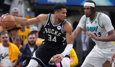 Milwaukee Bucks forward Giannis Antetokounmpo (34) dribbles the ball against Indiana Pacers center Myles Turner (33) during the second half in Game 5 of an NBA basketball first-round playoff series in Indianapolis, Tuesday, April 29, 2025.