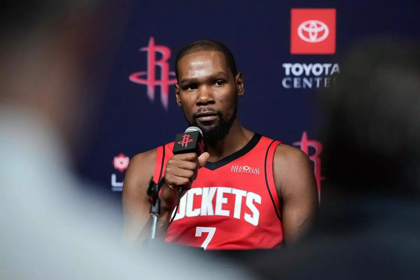 Houston Rockets forward Kevin Durant speaks to reporters during the NBA basketball team's media day in Houston (Image via AP Photo/Ashley Landis). Houston Rockets forward Kevin Durant speaks to reporters during the NBA basketball team's media day in Houston