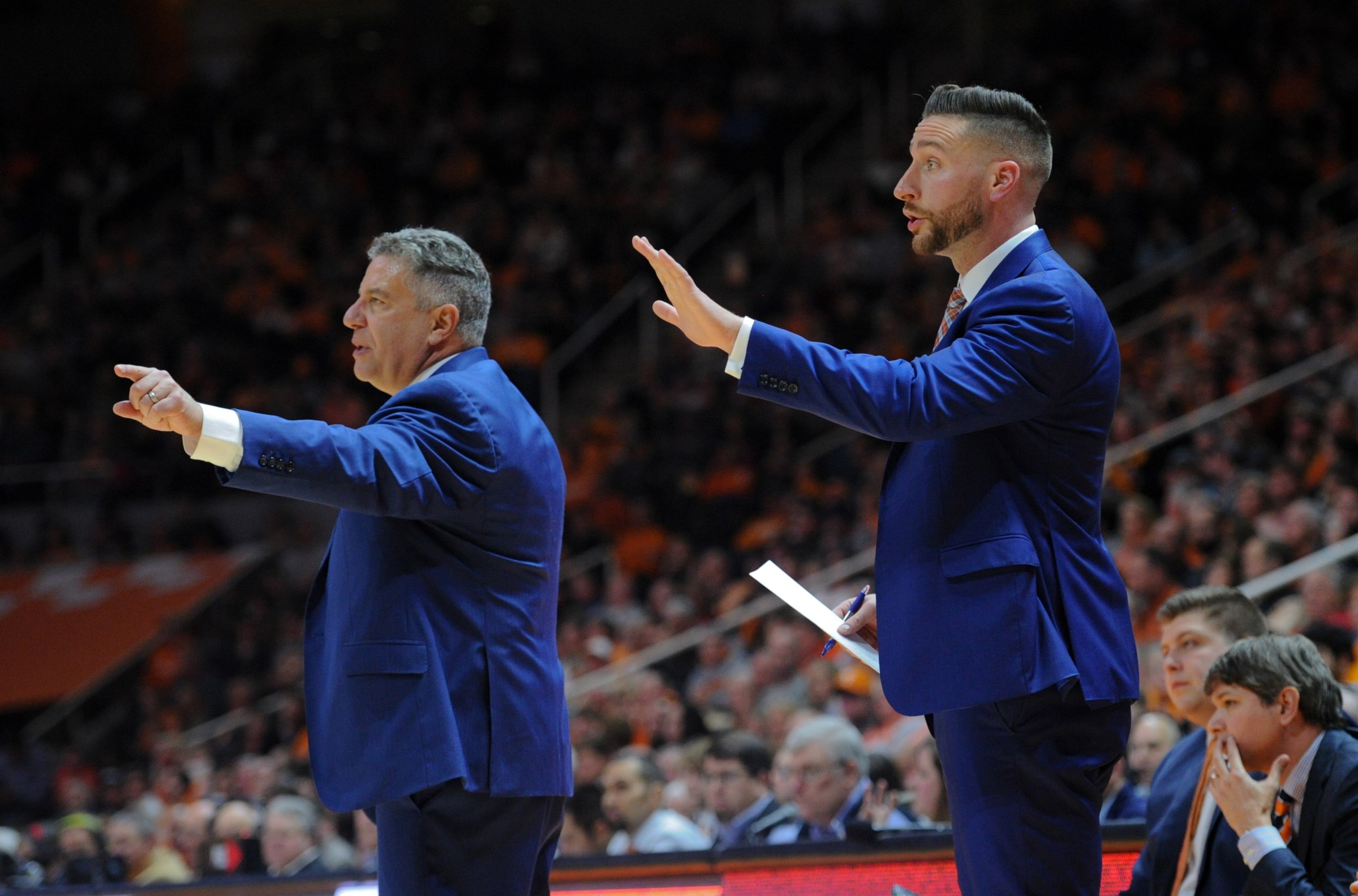 Jan 2, 2018; Knoxville, TN, USA; Auburn Tigers head coach Bruce Pearl and assistant coach Steven Pearl during the second half against the Tennessee Volunteers at Thompson-Boling Arena. Mandatory Credit: Randy Sartin-Imagn Images