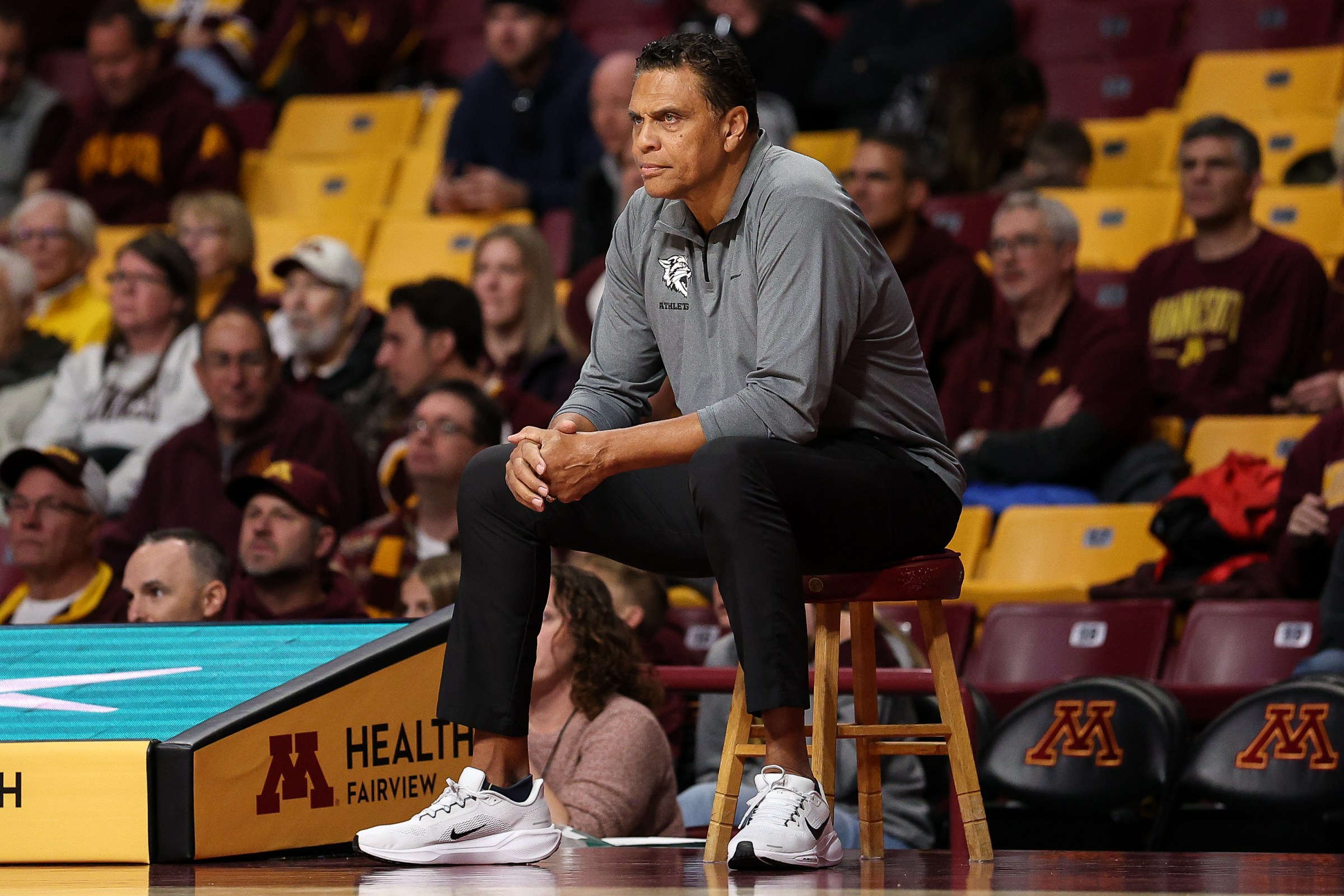Dec 1, 2024; Minneapolis, Minnesota, USA; Bethune-Cookman Wildcats head coach Reggie Theus looks on during the first half against the Minnesota Golden Gophers at Williams Arena. Mandatory Credit: Matt Krohn-Imagn Images