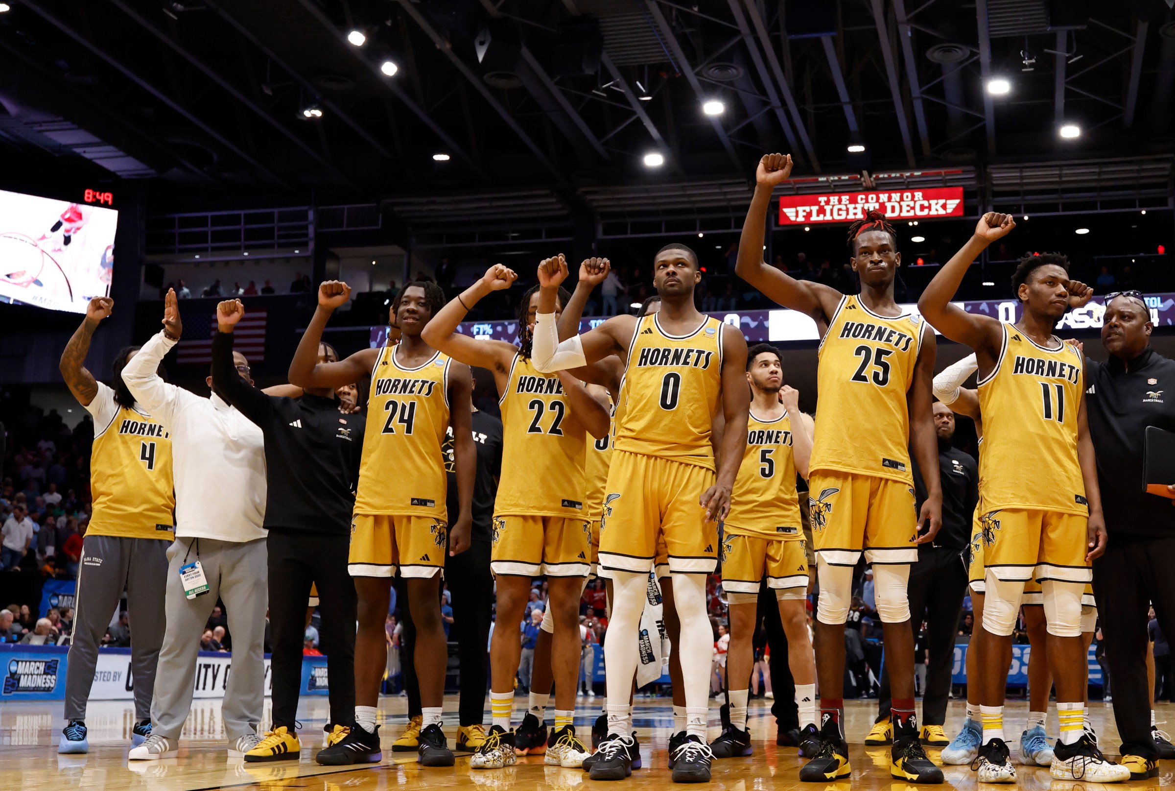 Mar 18, 2025; Dayton, OH, USA; The Alabama State Hornets gesture to the crowd after defeating the St. Francis (Pa) Red Flash at UD Arena. Mandatory Credit: Rick Osentoski-Imagn Images