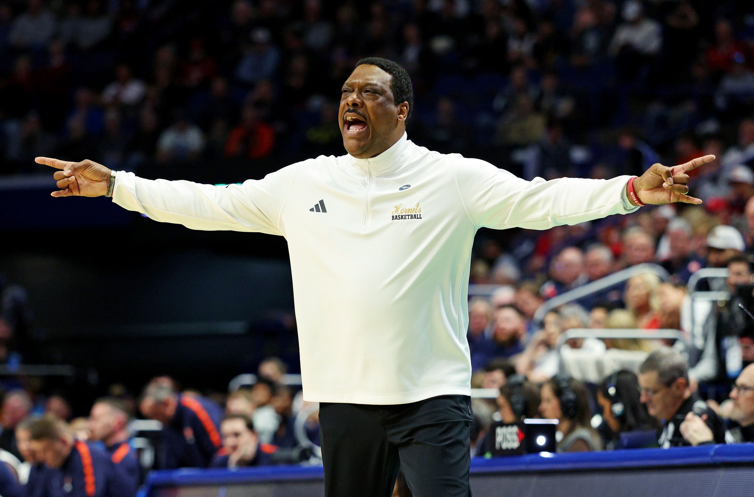 Mar 20, 2025; Lexington, KY, USA; Alabama State Hornets head coach Tony Madlock reacts on the sidelines during the first half against the Auburn Tigers in the first round of the NCAA Tournament at Rupp Arena. Mandatory Credit: Jordan Prather-Imagn Images