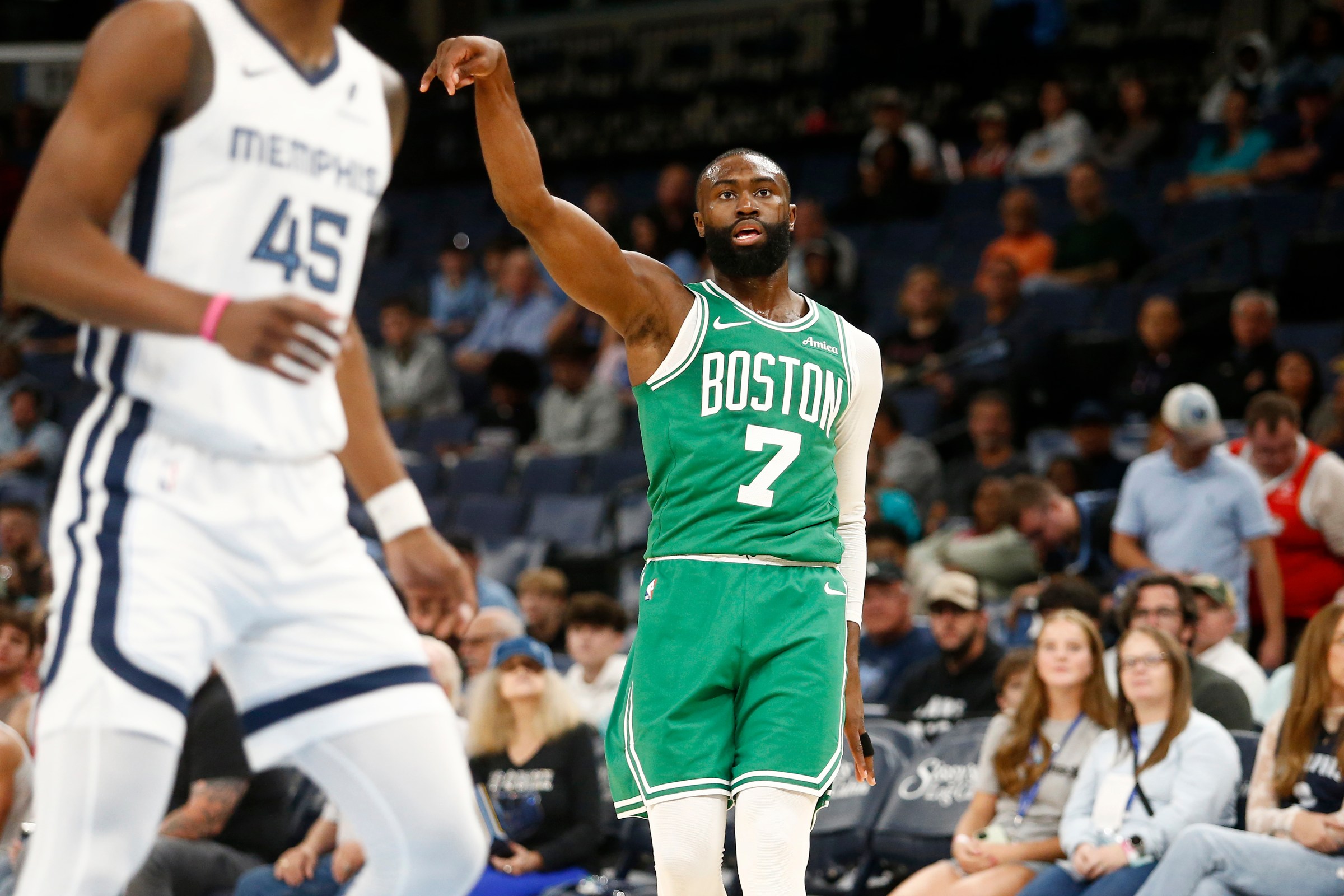 Oct 8, 2025; Memphis, Tennessee, USA; Boston Celtics guard Jaylen Brown (7) reacts after shooting for three during the first quarter against the Memphis Grizzlies at FedExForum. Mandatory Credit: Petre Thomas-Imagn Images