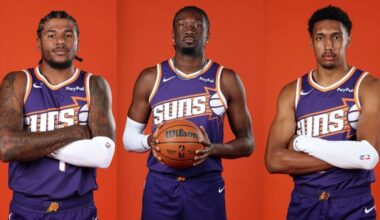 Jalen Green, Mark Williams and Ryan Dunn of the Phoenix Suns in their preseason photo shoot. (Getty...