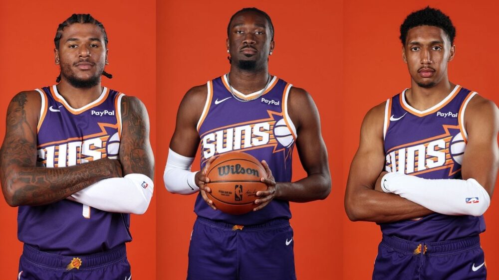 Jalen Green, Mark Williams and Ryan Dunn of the Phoenix Suns in their preseason photo shoot. (Getty...