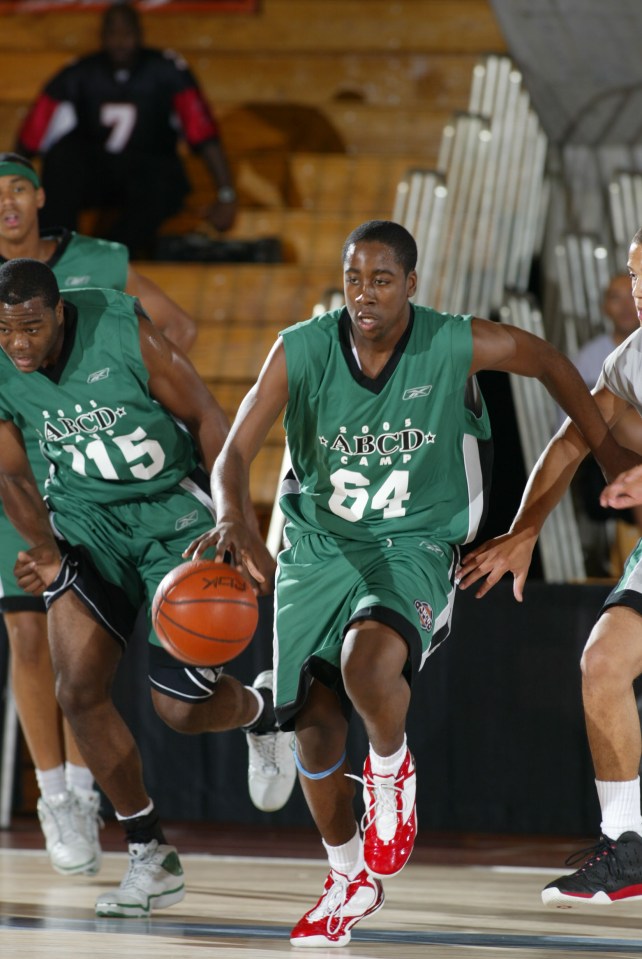A beardless James Harden showcases his skills at a high school basketball camp in 2005